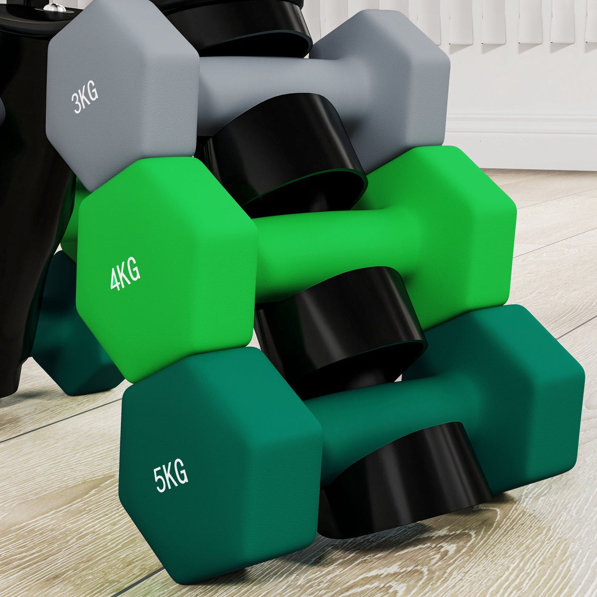 Set of 6 dumbbells 2 x 3 kg, 2 x 4 kg, 2 x 5 kg, dumbbell set with stand, hexagon dumbbell set, for strength training, fitness at home gym, grey+green+turquoise