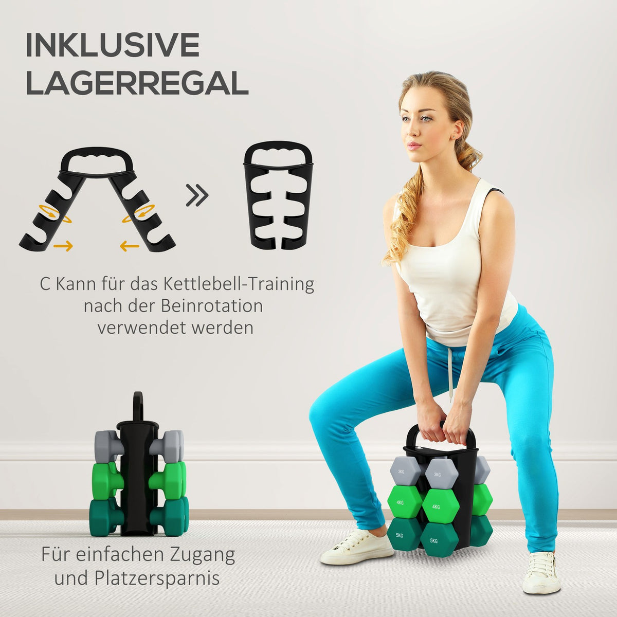 Set of 6 dumbbells 2 x 3 kg, 2 x 4 kg, 2 x 5 kg, dumbbell set with stand, hexagon dumbbell set, for strength training, fitness at home gym, grey+green+turquoise