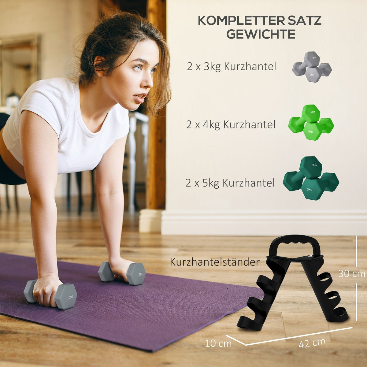 Set of 6 dumbbells 2 x 3 kg, 2 x 4 kg, 2 x 5 kg, dumbbell set with stand, hexagon dumbbell set, for strength training, fitness at home gym, grey+green+turquoise
