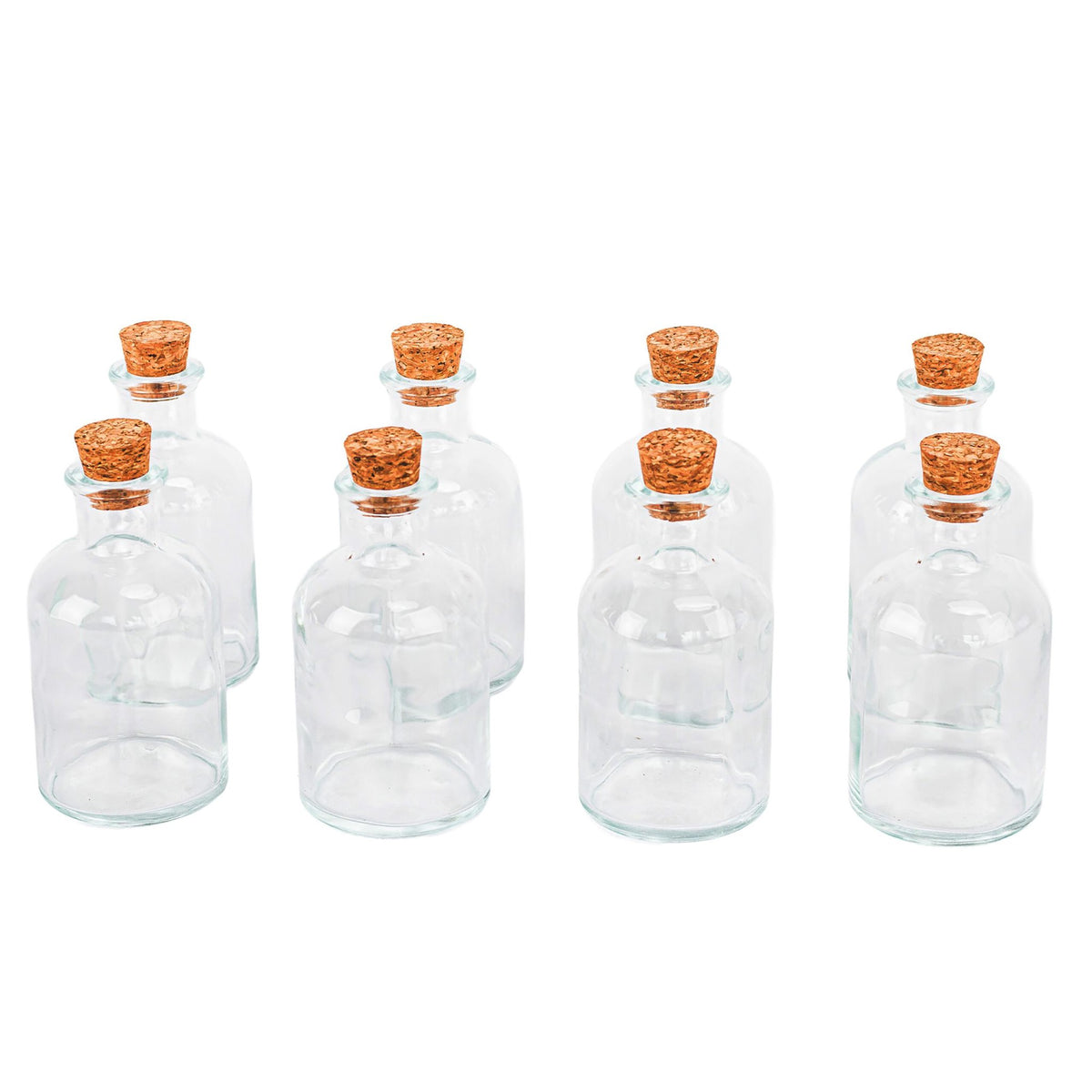 Set of 8 Glass Bottles with Corks – 150ml, Round