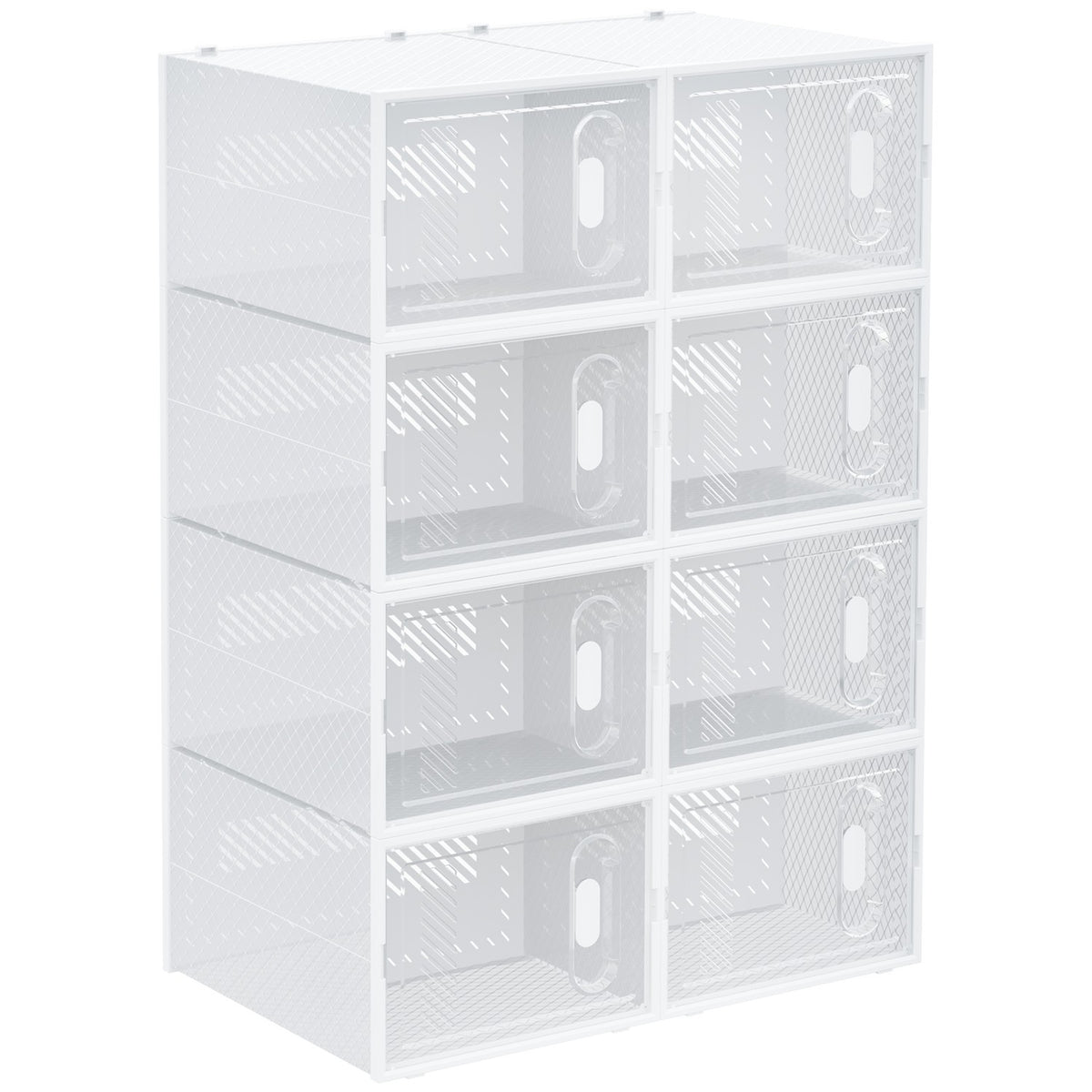Set of 8 shoe boxes, shoe organizer with magnetic doors, shoe box with lid, plastic shoe storage, for shoes up to size 45, transparent + white