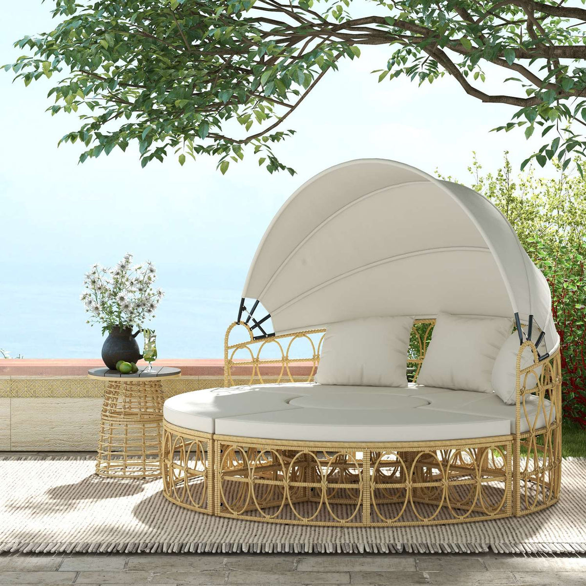 Shell Garden Furniture Set With Folding Canopy & Coffee Table, Two Seater, Cream