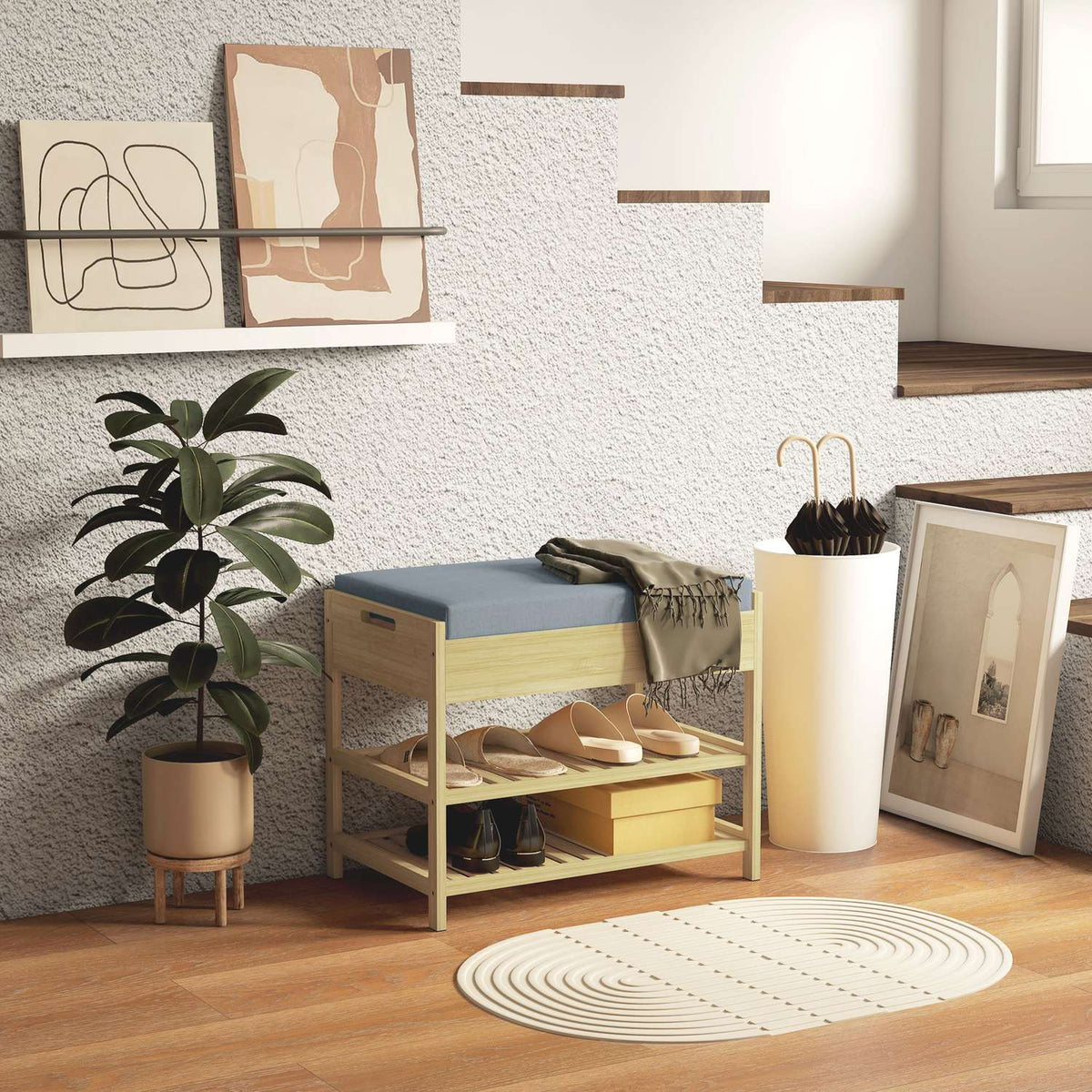Shoe Bench 2 Tier Bench With Drawer, Shoe Rack For 4 Pairs Of Shoes, Bamboo, Natural, 55X35X46Cm