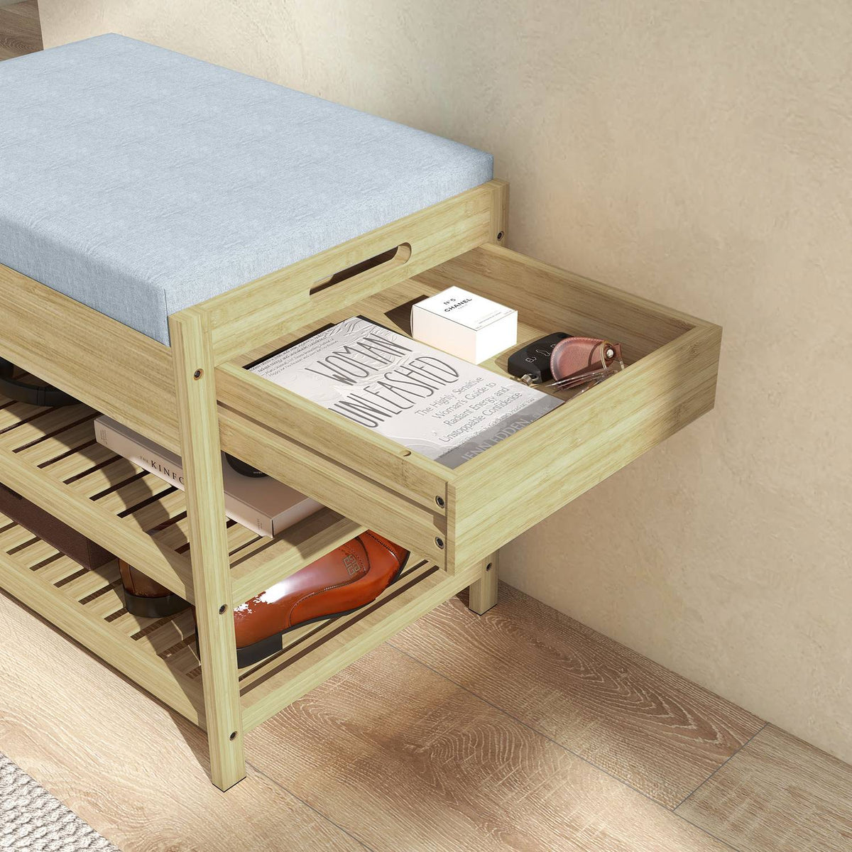 Shoe Bench 2 Tier Bench With Drawer, Shoe Rack For 4 Pairs Of Shoes, Bamboo, Natural, 55X35X46Cm