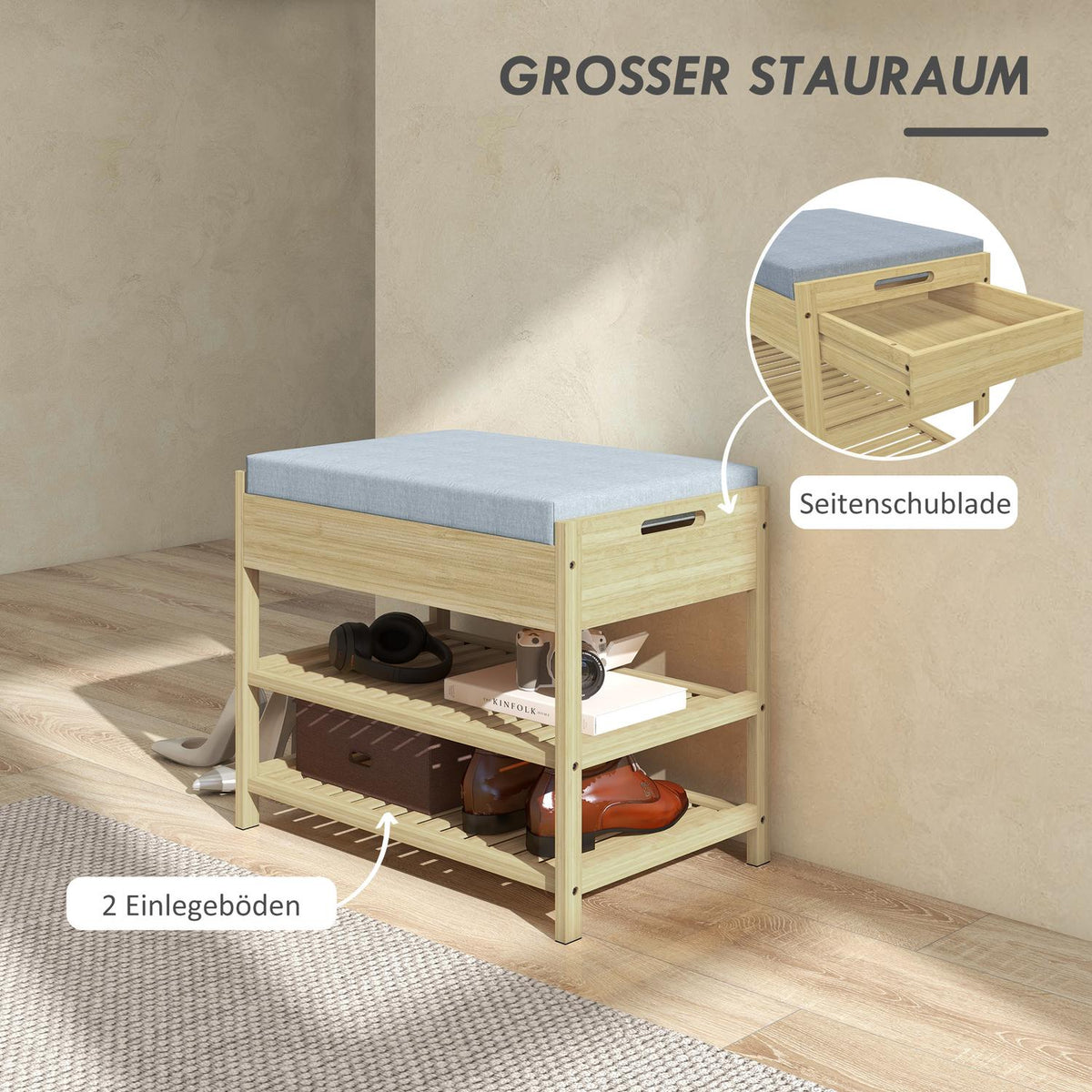 Shoe Bench 2 Tier Bench With Drawer, Shoe Rack For 4 Pairs Of Shoes, Bamboo, Natural, 55X35X46Cm