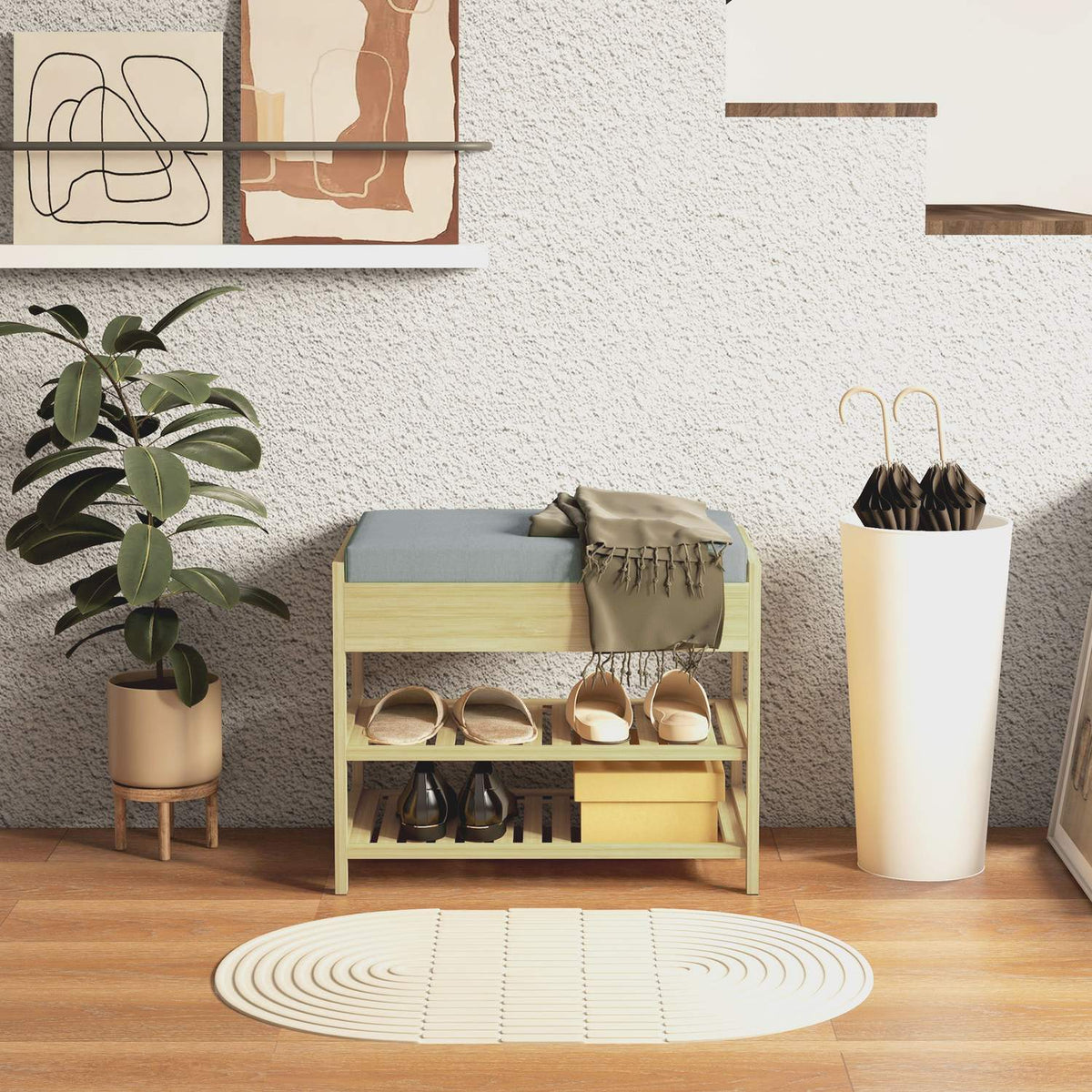 Shoe Bench 2 Tier Bench With Drawer, Shoe Rack For 4 Pairs Of Shoes, Bamboo, Natural, 55X35X46Cm