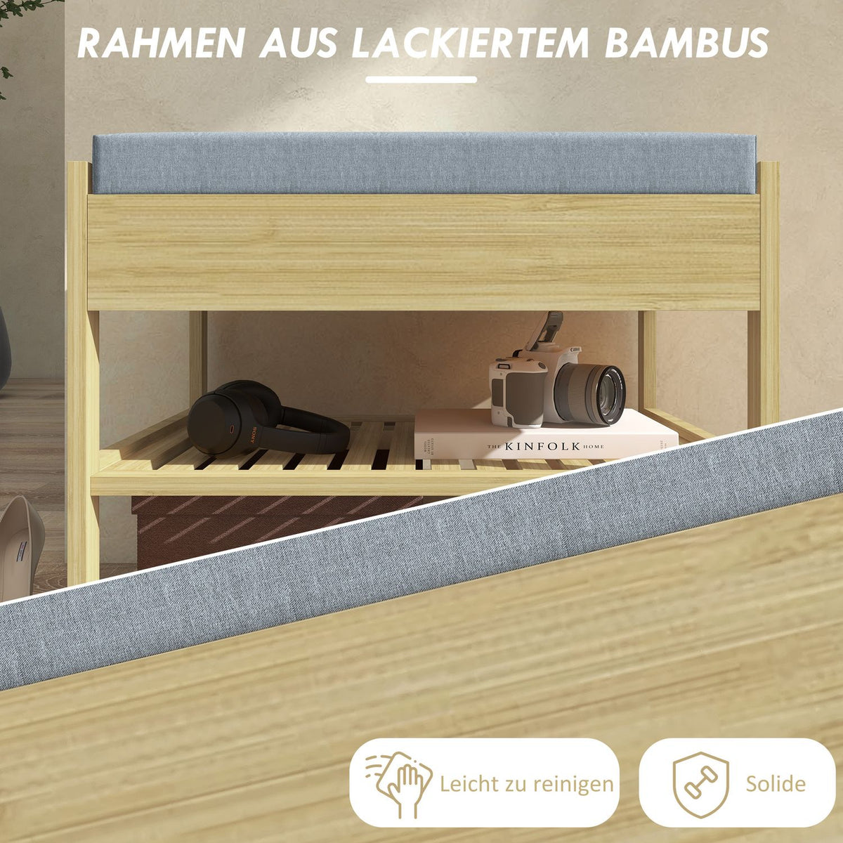 Shoe Bench 2 Tier Bench With Drawer, Shoe Rack For 4 Pairs Of Shoes, Bamboo, Natural, 55X35X46Cm