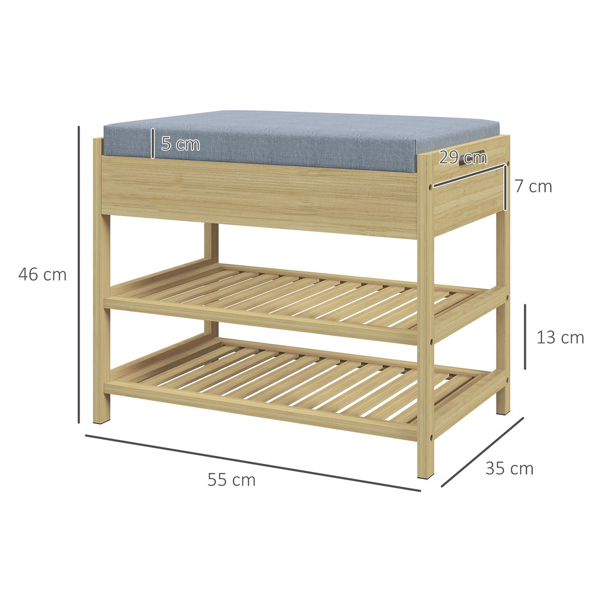 Shoe Bench 2 Tier Bench With Drawer, Shoe Rack For 4 Pairs Of Shoes, Bamboo, Natural, 55X35X46Cm