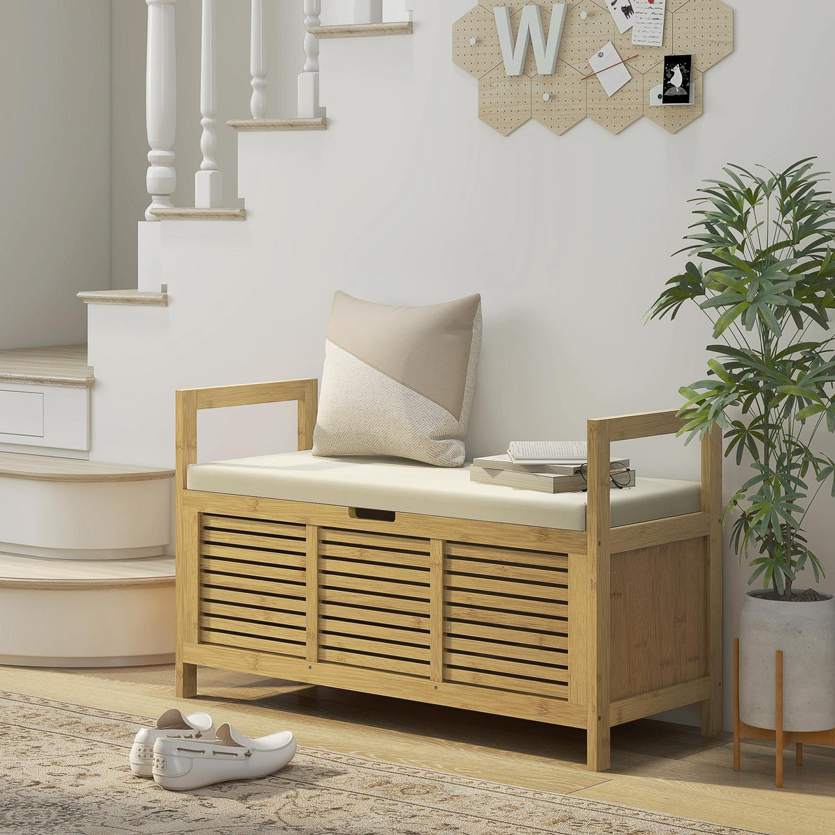 Shoe Bench, Bench With Folding Lid, Cloakroom Bench, Shoe Rack, Shoe Storage For Hallway, Bamboo, Natural, 100 X 40 X 60 Cm