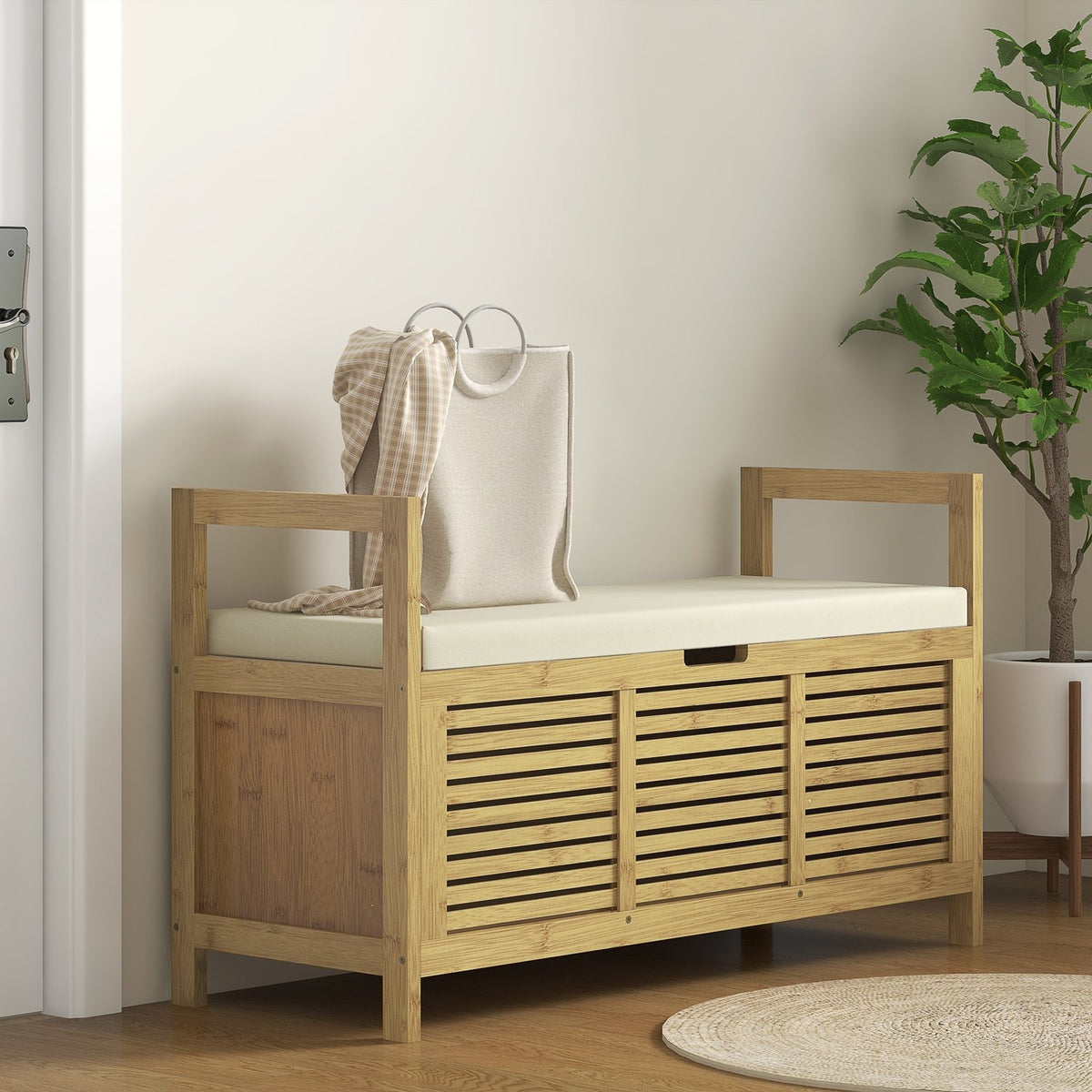 Shoe Bench, Bench With Folding Lid, Cloakroom Bench, Shoe Rack, Shoe Storage For Hallway, Bamboo, Natural, 100 X 40 X 60 Cm