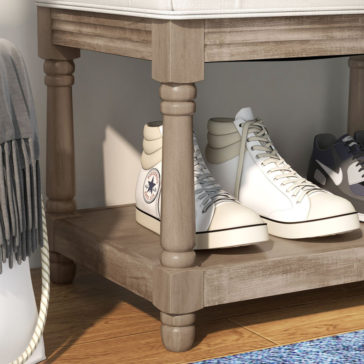 Shoe Bench Seat Shoe Rack Storage Space Padded Linen Look Wooden Legs Living Room Hallway Cream 115X40X48Cm