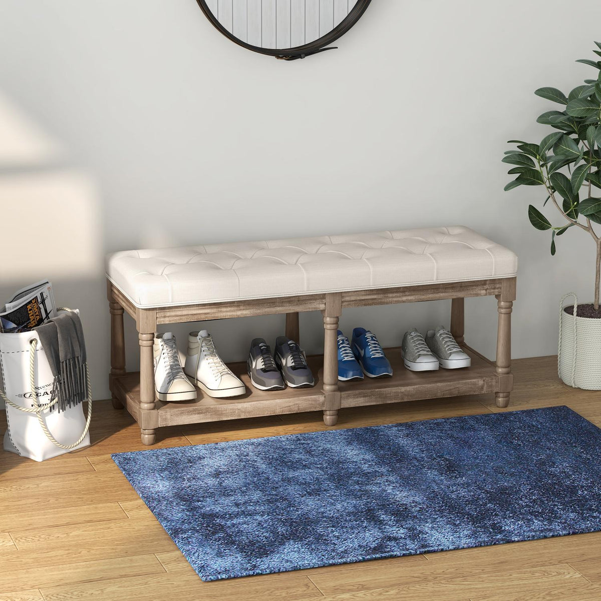 Shoe Bench Seat Shoe Rack Storage Space Padded Linen Look Wooden Legs Living Room Hallway Cream 115X40X48Cm