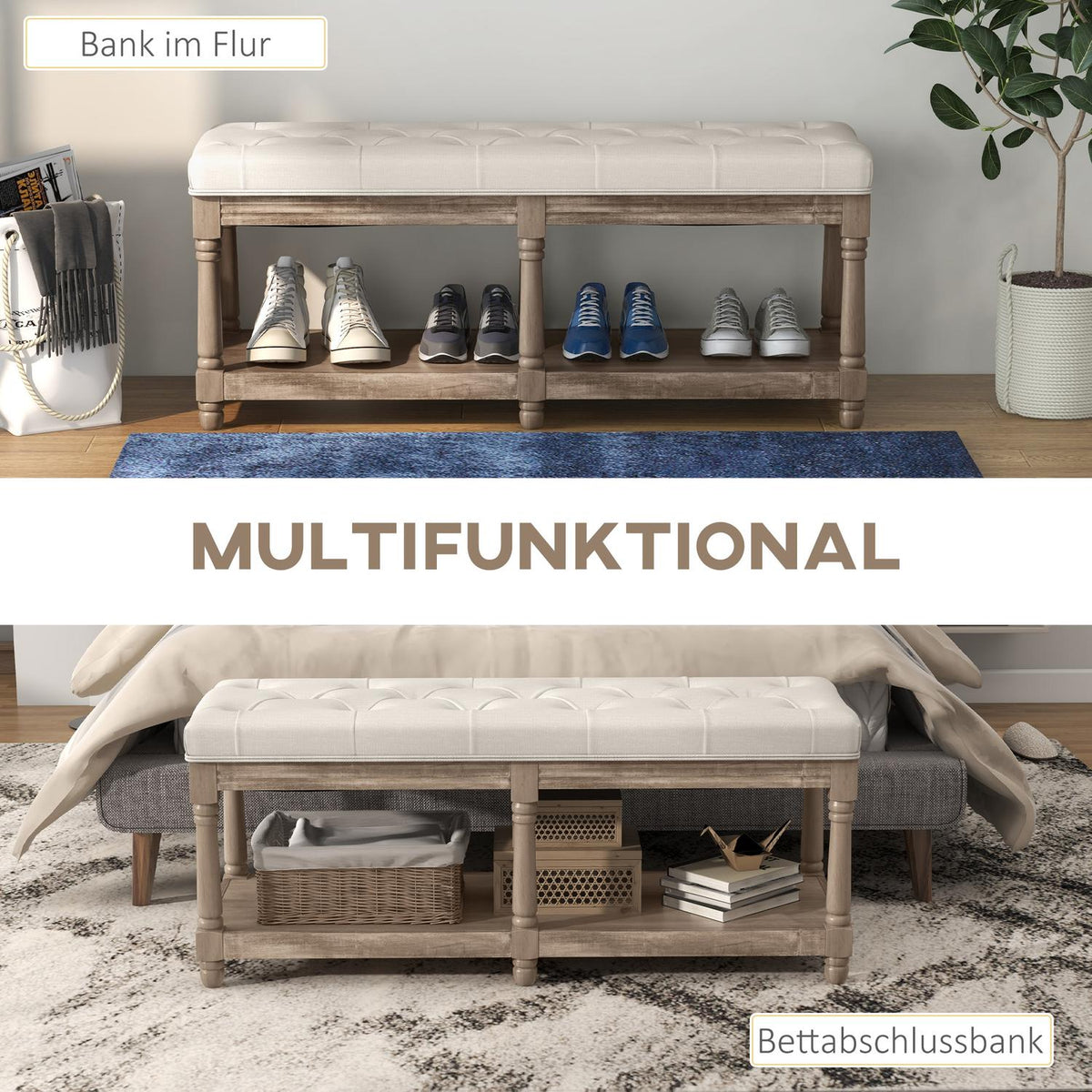Shoe Bench Seat Shoe Rack Storage Space Padded Linen Look Wooden Legs Living Room Hallway Cream 115X40X48Cm