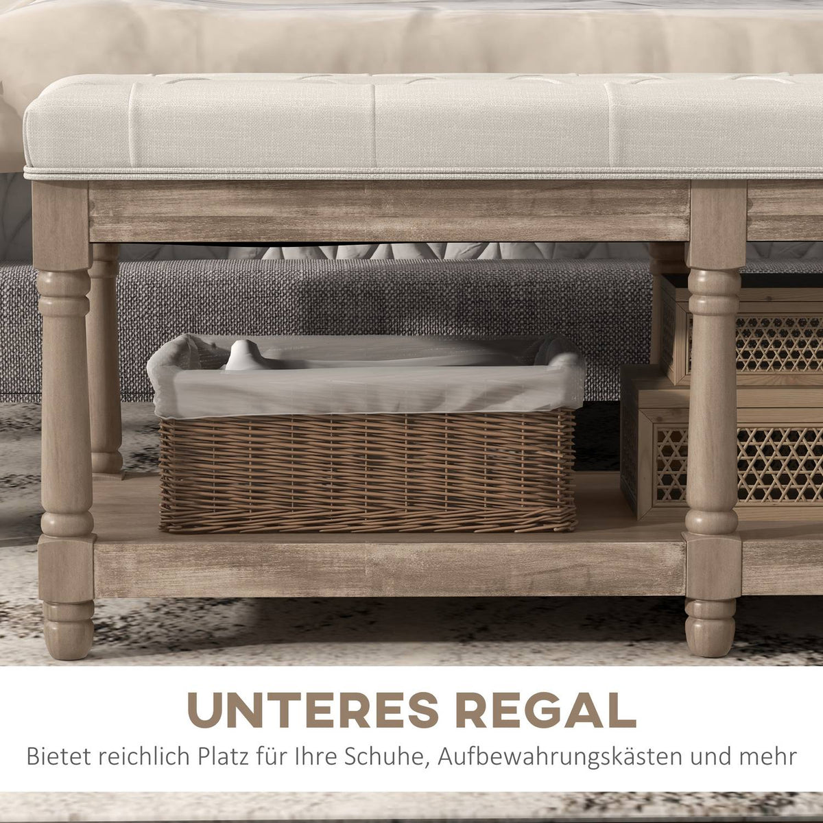 Shoe Bench Seat Shoe Rack Storage Space Padded Linen Look Wooden Legs Living Room Hallway Cream 115X40X48Cm