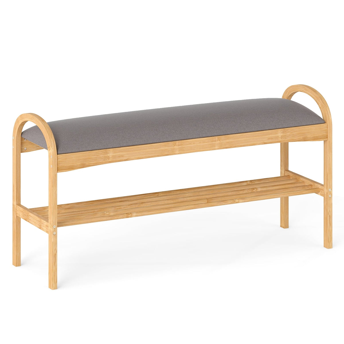 Shoe Bench with Cushion, Bamboo Frame, 2-Tier Storage