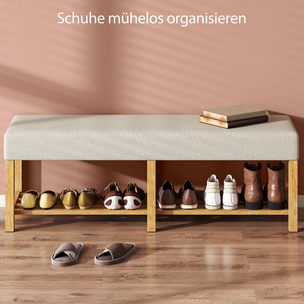 Shoe Bench with Cushion, Rubberwood, 140cm, 220kg Capacity