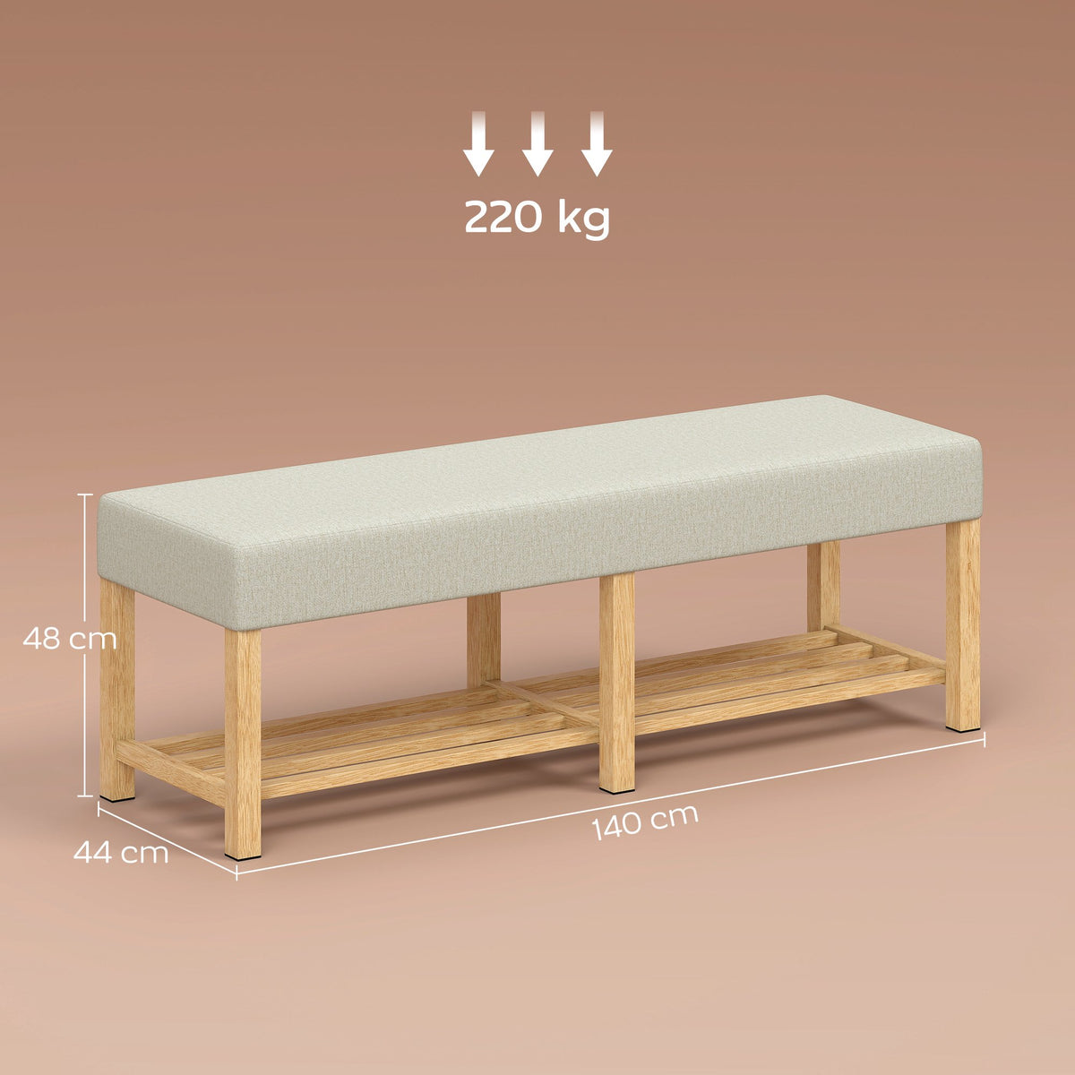 Shoe Bench with Cushion, Rubberwood, 140cm, 220kg Capacity