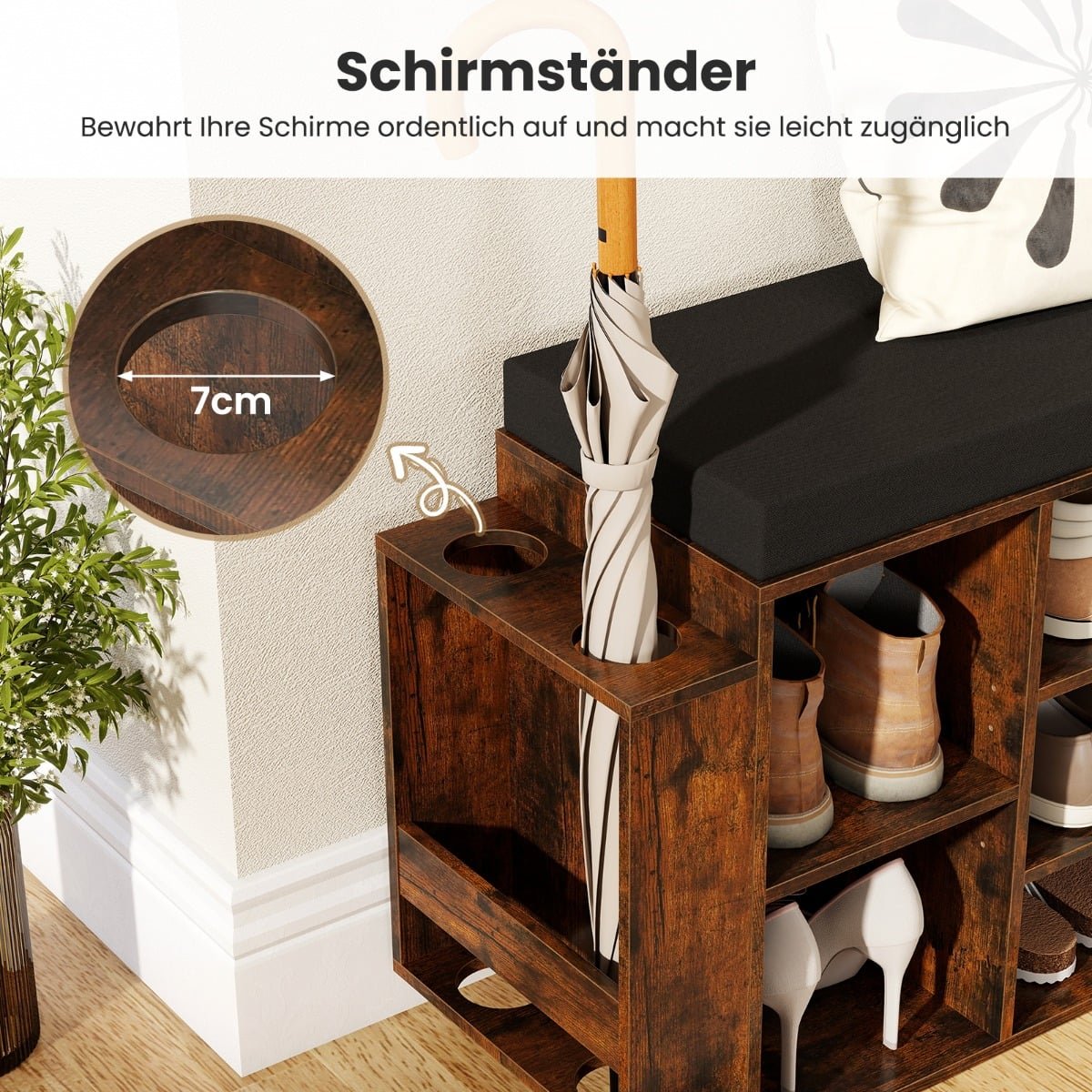 Shoe Bench with Umbrella Holder, Cushioned Seat, Adjustable Shelves