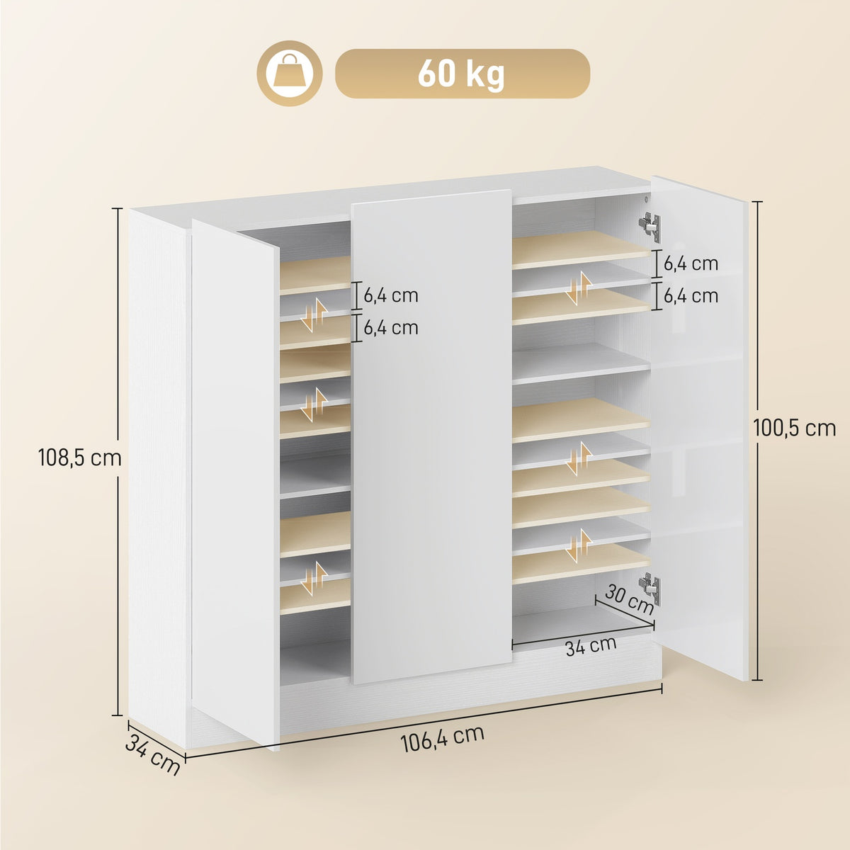 Shoe Cabinet, 10 Shelves, Ventilation, Soft-Close, White Wood
