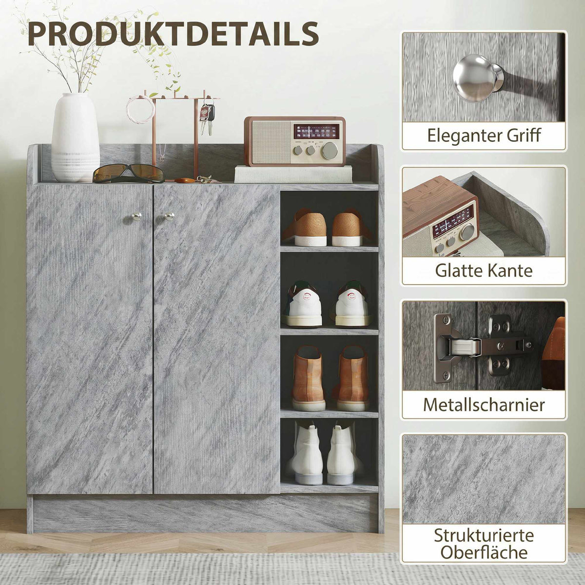 Shoe Cabinet, 12-Pair, 2 Doors, 4 Open Shelves, Grey