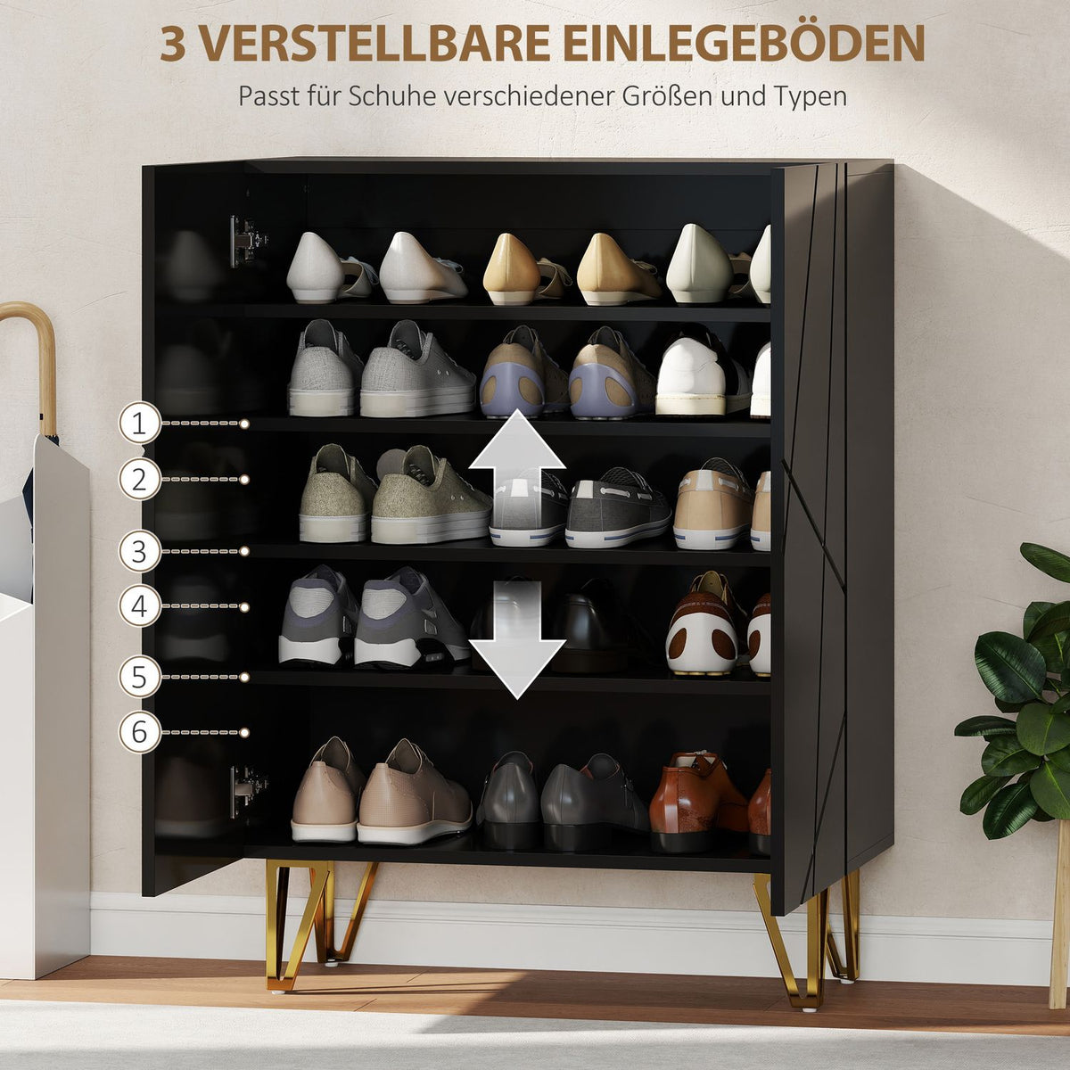 Shoe Cabinet, 2 Doors, 3 Adjustable Shelves, Black