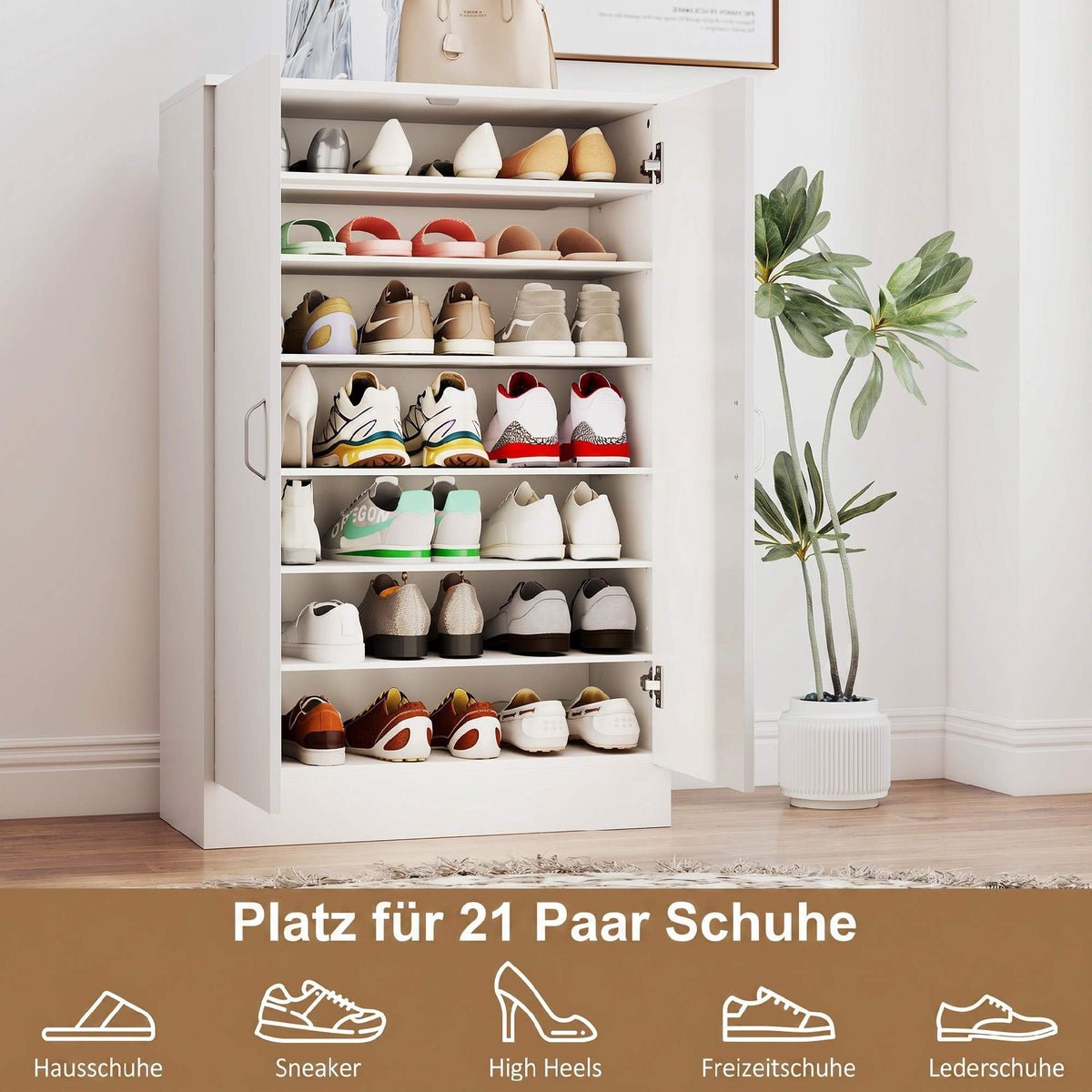 Shoe Cabinet, 2 Doors, 6 Adjustable Shelves, 21 Pair