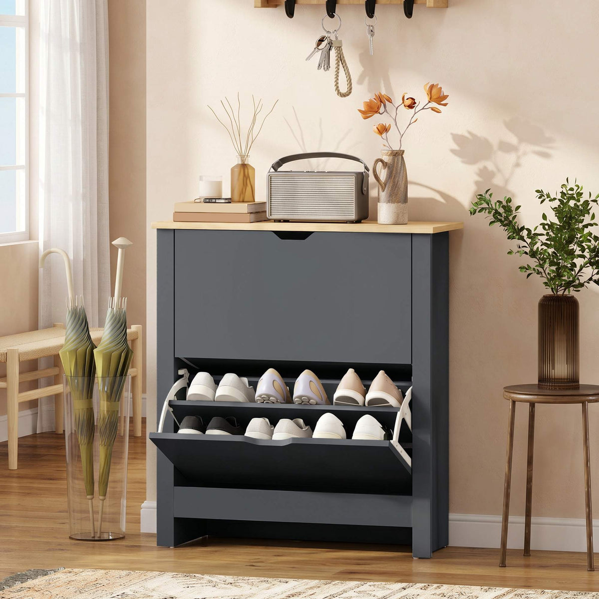 Shoe Cabinet, 2 Flip Compartments, 72x26x80 cm, Dark Grey