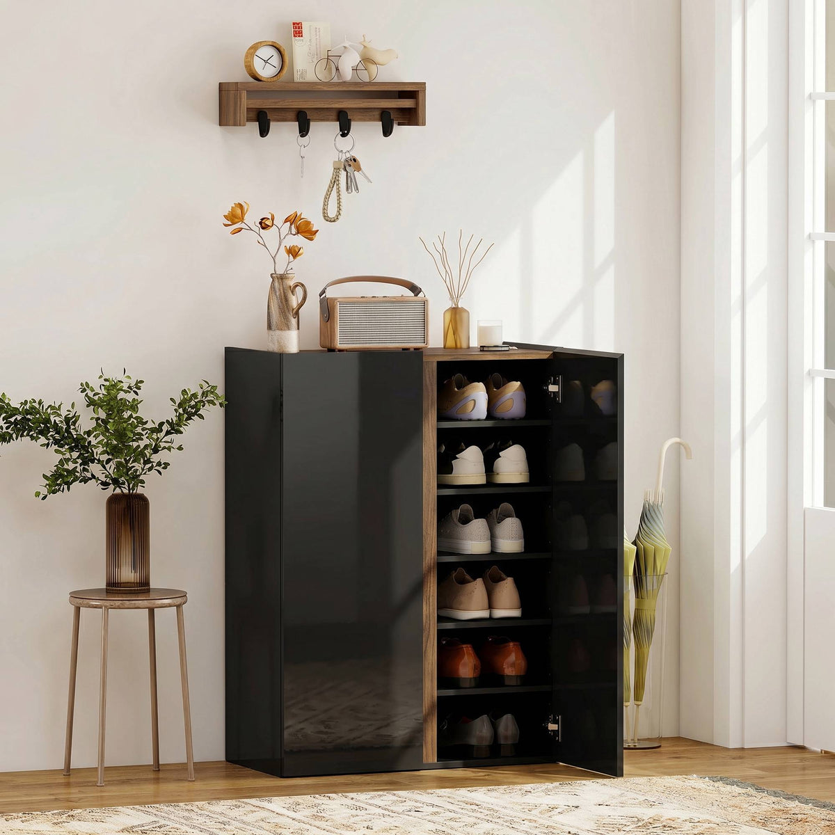 Shoe Cabinet, 6-Tier, Soft-Close, High-Gloss Black