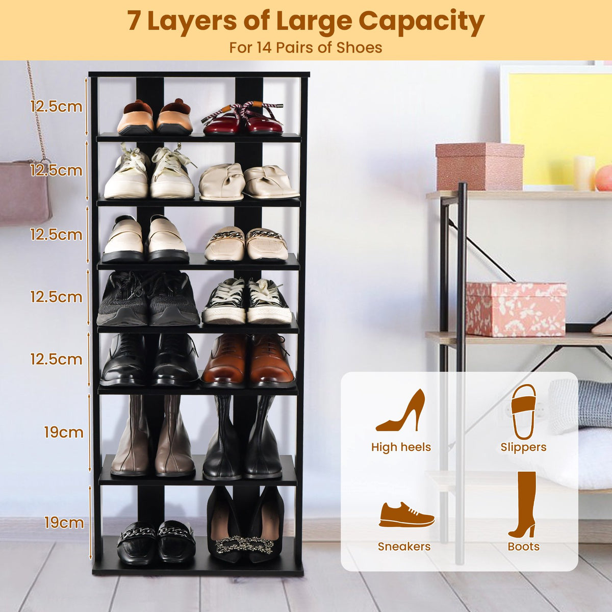 Shoe Cabinet, 7-Tier Double-Row, Removable Shelves, Black