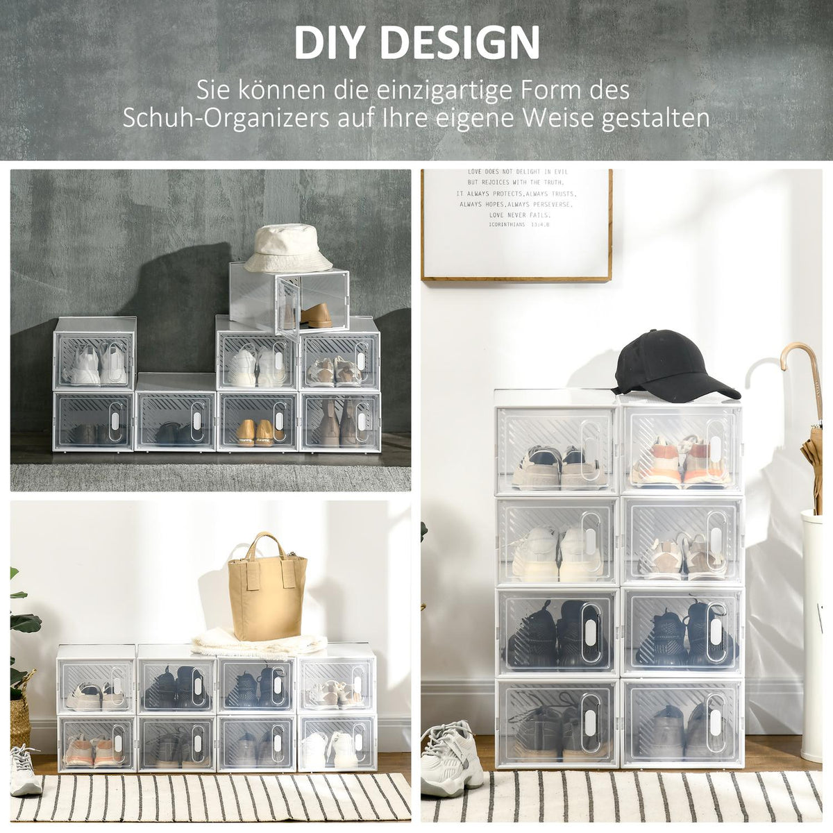 Shoe Cabinet Diy Plug-In Shelf With 8 Compartments, Rectangular Shoe Rack, Plastic, Transparent, 25X35X19Cm