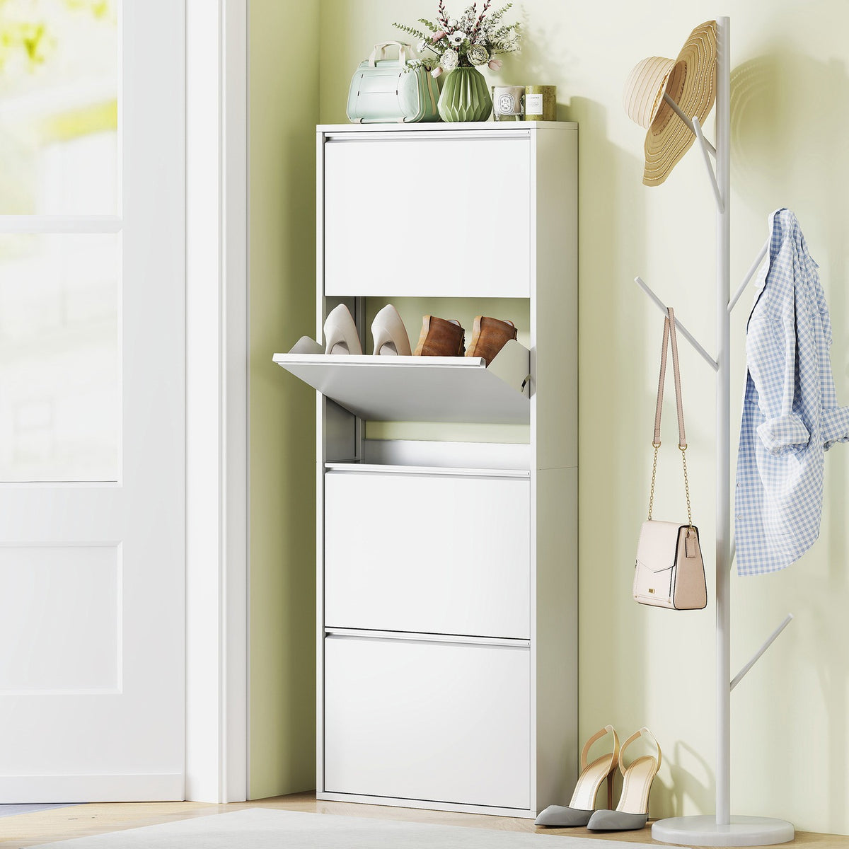 Shoe Cabinet Metal with 4 Flaps Shoe Tipper Slim for 8 Pairs of Shoes Shoe Rack Shoe Chest Shoe Rack Wall Mounted for Entrance Area Hallway 55 x 15 x 139.5 cm White |