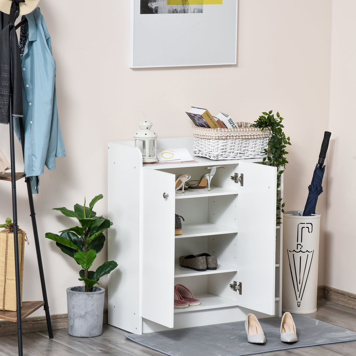 Shoe Cabinet Shoe Rack Chest Of Drawers With 2 Doors, 4 Compartments, For Hallway, White, 83X30X90Cm