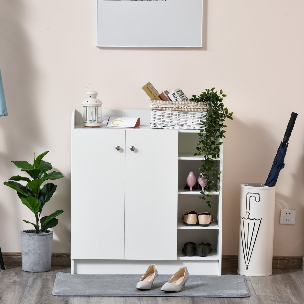 Shoe Cabinet Shoe Rack Chest Of Drawers With 2 Doors, 4 Compartments, For Hallway, White, 83X30X90Cm