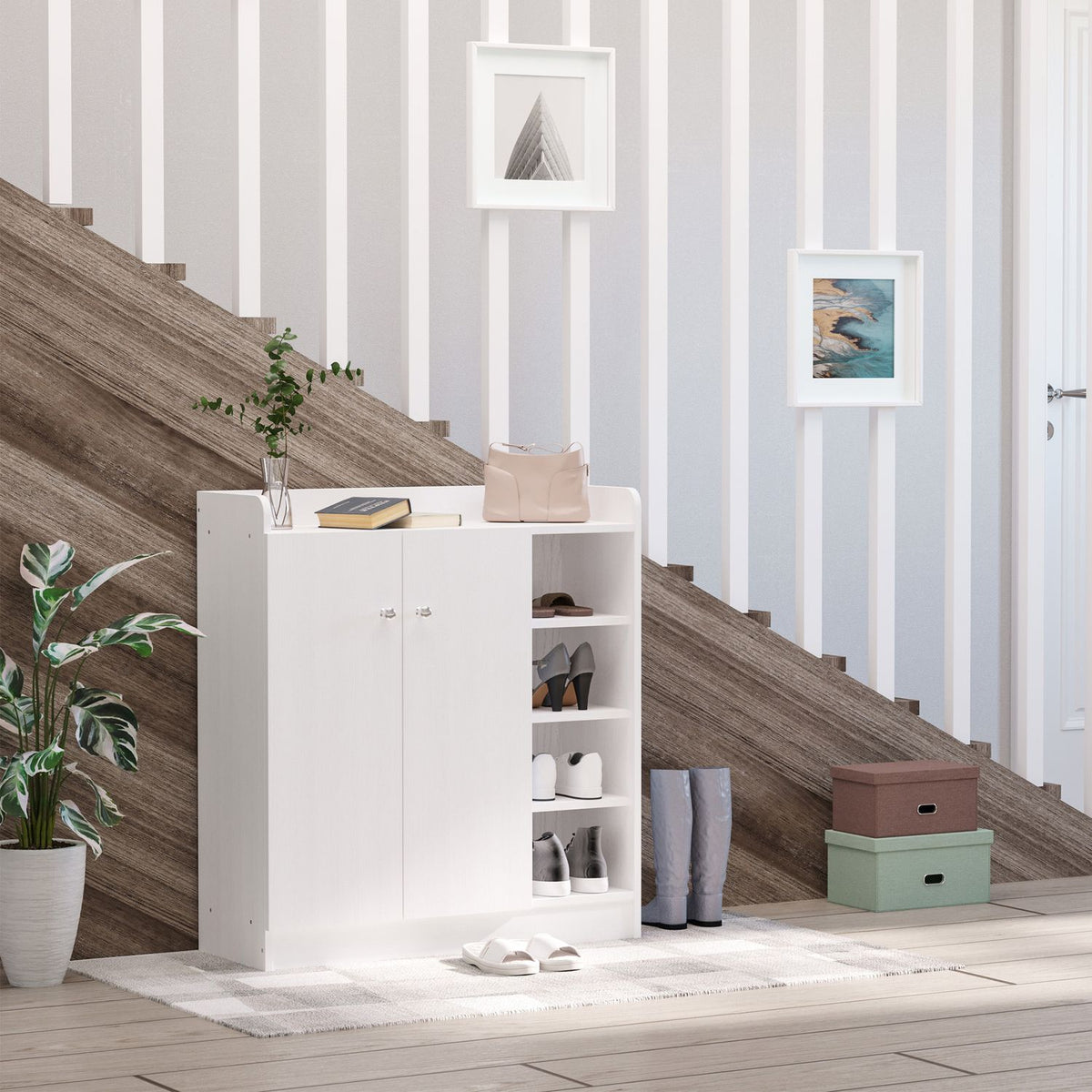 Shoe Cabinet Shoe Rack Chest Of Drawers With 2 Doors, 4 Compartments, For Hallway, White, 83X30X90Cm