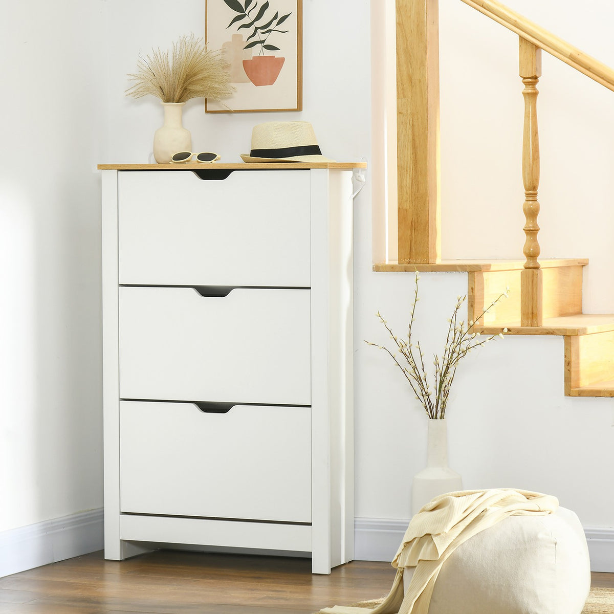 Shoe Cabinet, Shoe Tipper, Shoe Rack With 3 Flaps For 18 Pairs Of Shoes, Space-Saving Shoe Stand, White + Natural, 72 X 26 X 112 Cm