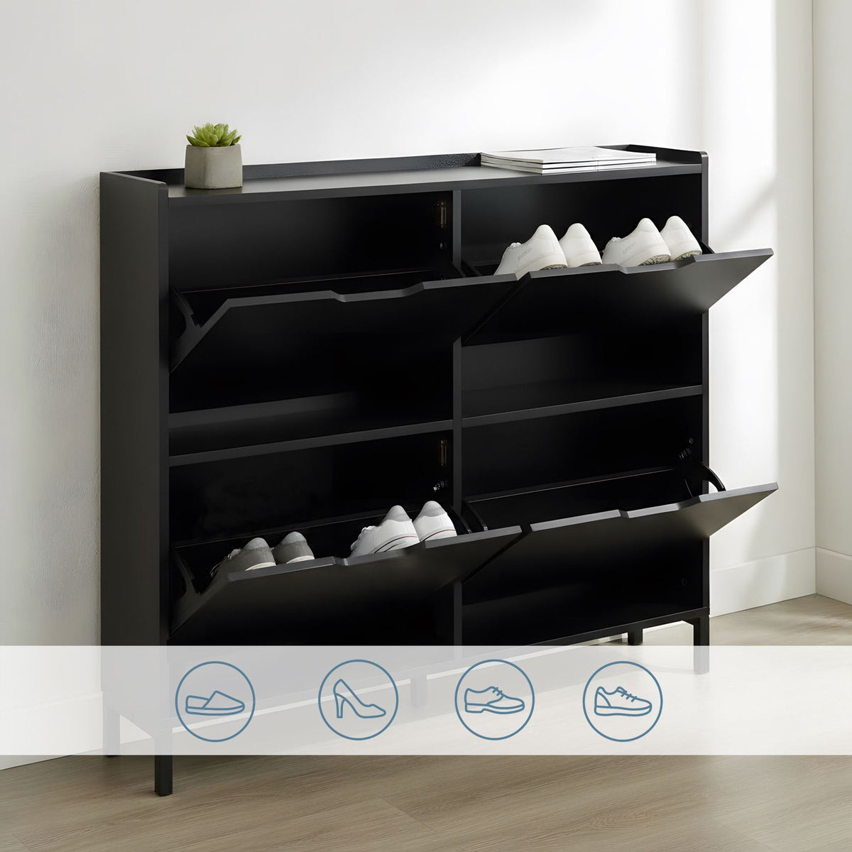Shoe Cabinet, Slim 4-Compartment, Holds 16 Pairs