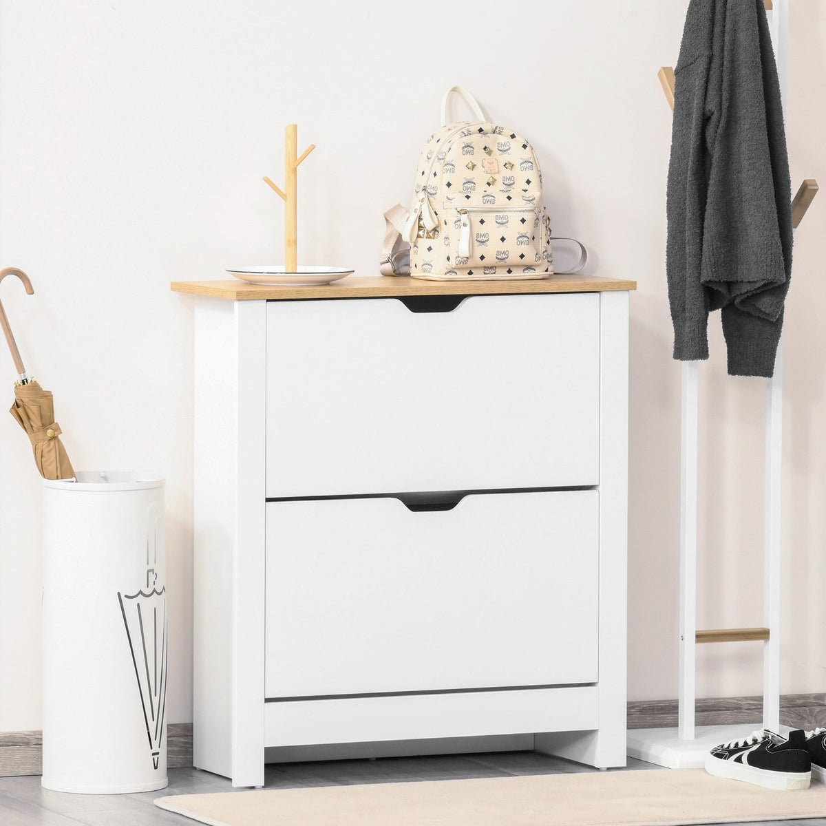 Shoe Cabinet, Space-Saving Shoe Tipper With 2 Flaps For 12 Pairs Of Shoes, Shoe Rack For Hallway, White + Natural