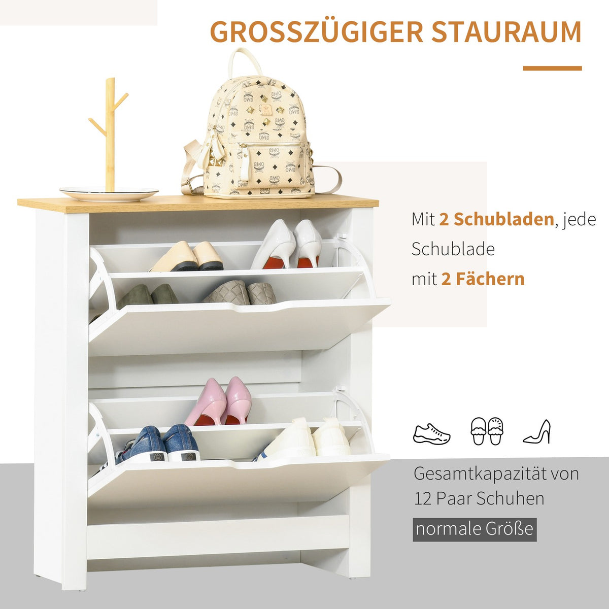 Shoe Cabinet, Space-Saving Shoe Tipper With 2 Flaps For 12 Pairs Of Shoes, Shoe Rack For Hallway, White + Natural