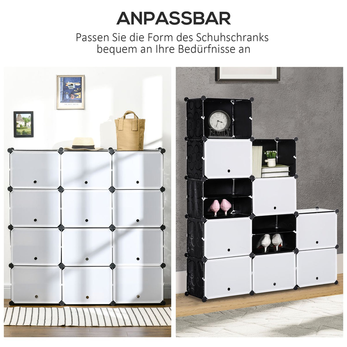 Shoe Cabinet Storage Box With 12 Cubes Diy Plug-In Shelf With Doors Plastic Steel Black + White 125 X 32 X 125 Cm