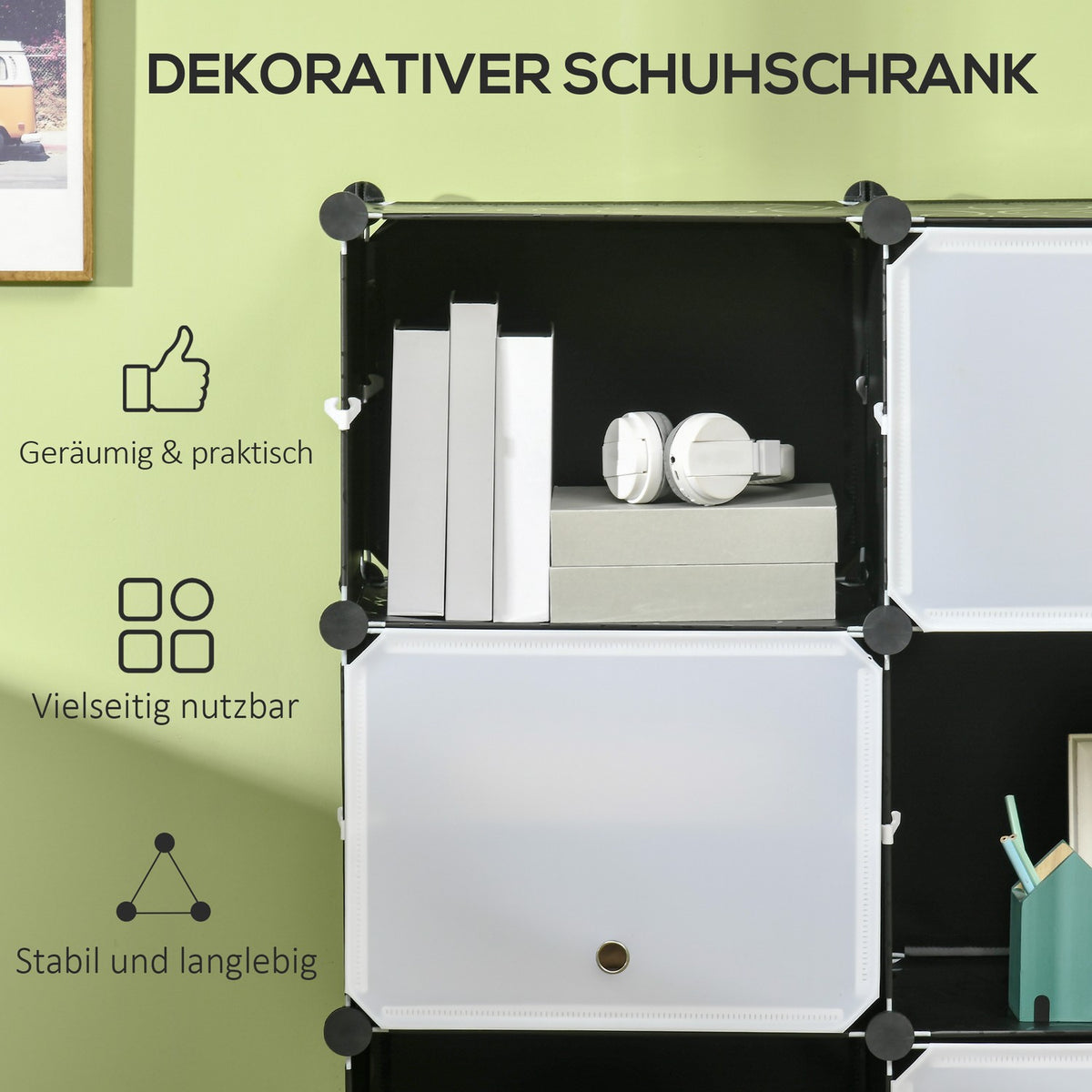 Shoe Cabinet Storage Box With 12 Cubes Diy Plug-In Shelf With Doors Plastic Steel Black + White 125 X 32 X 125 Cm