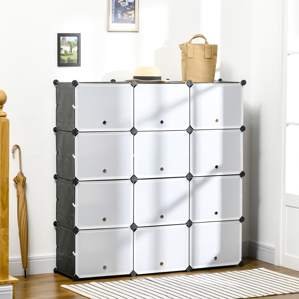 Shoe Cabinet Storage Box With 12 Cubes Diy Plug-In Shelf With Doors Plastic Steel Black + White 125 X 32 X 125 Cm