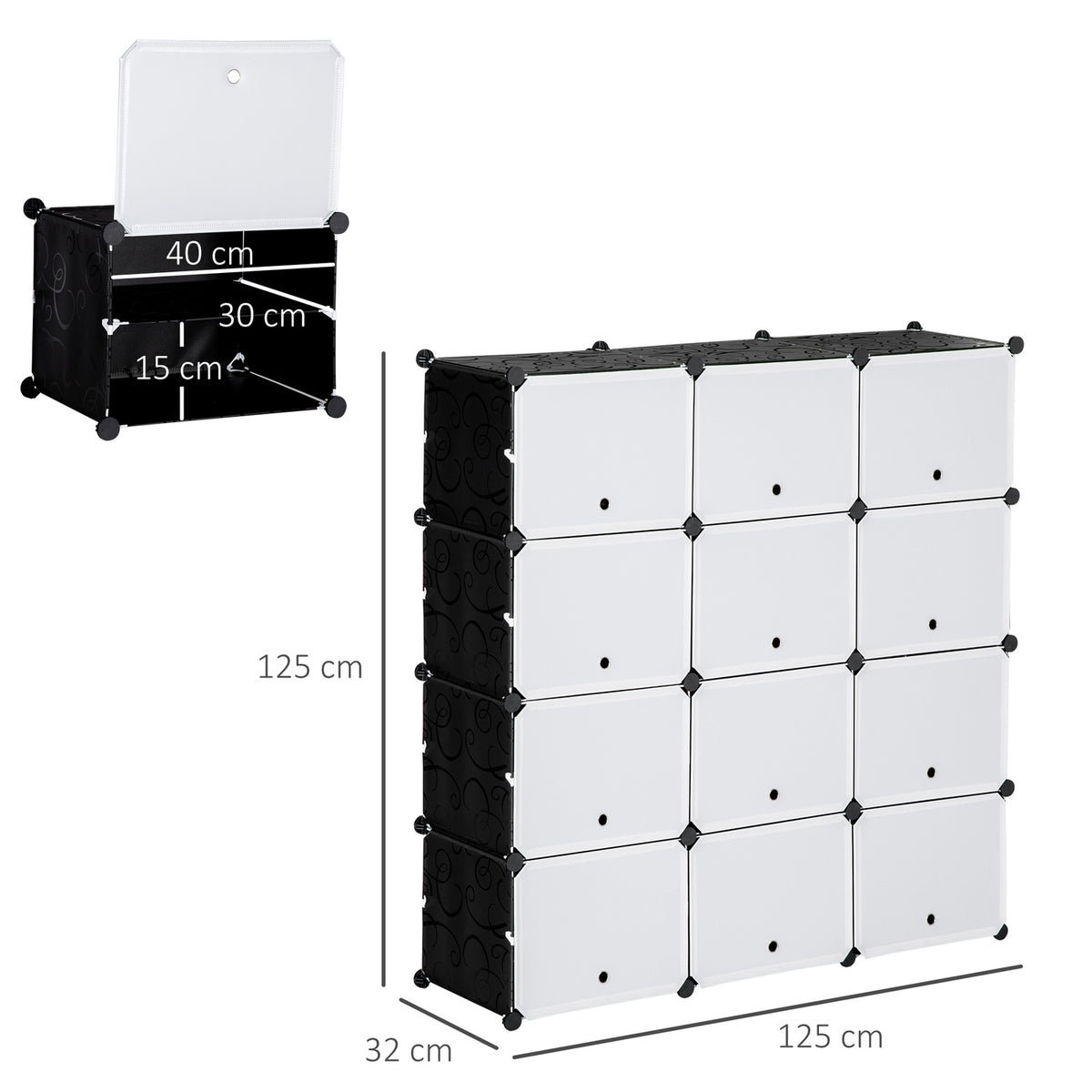 Shoe Cabinet Storage Box With 12 Cubes Diy Plug-In Shelf With Doors Plastic Steel Black + White 125 X 32 X 125 Cm