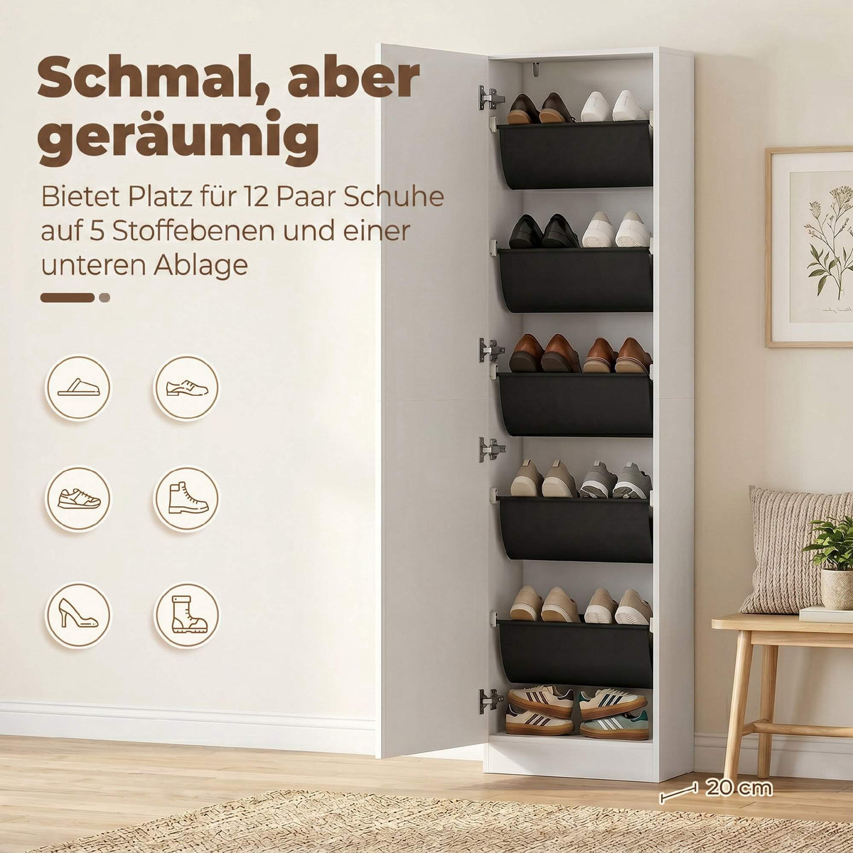 Shoe Cabinet With Mirror, Slim 5-Tier, White 50x20x180cm
