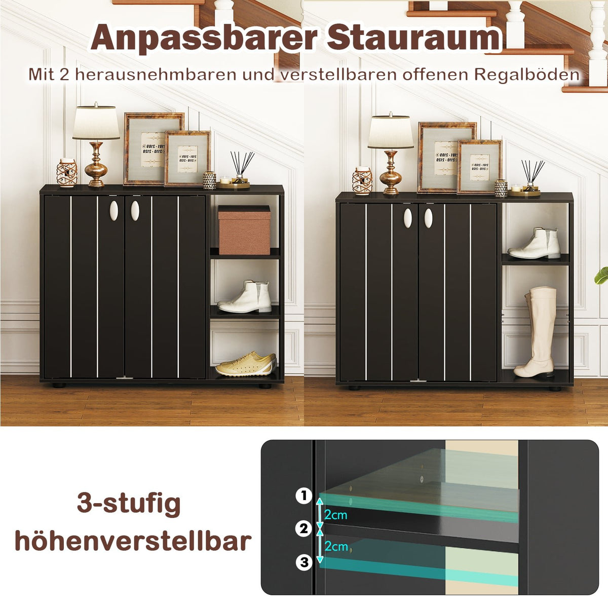 Shoe Cabinet with 2 Doors & Adjustable Shelves, Black