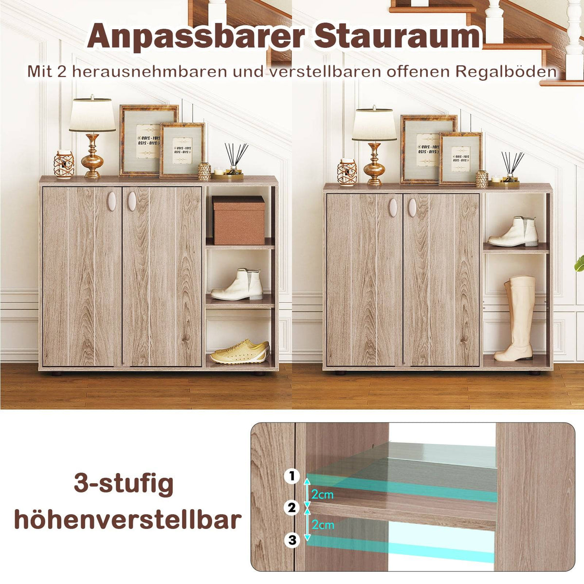 Shoe Cabinet with 2 Doors & Adjustable Shelves, Natural