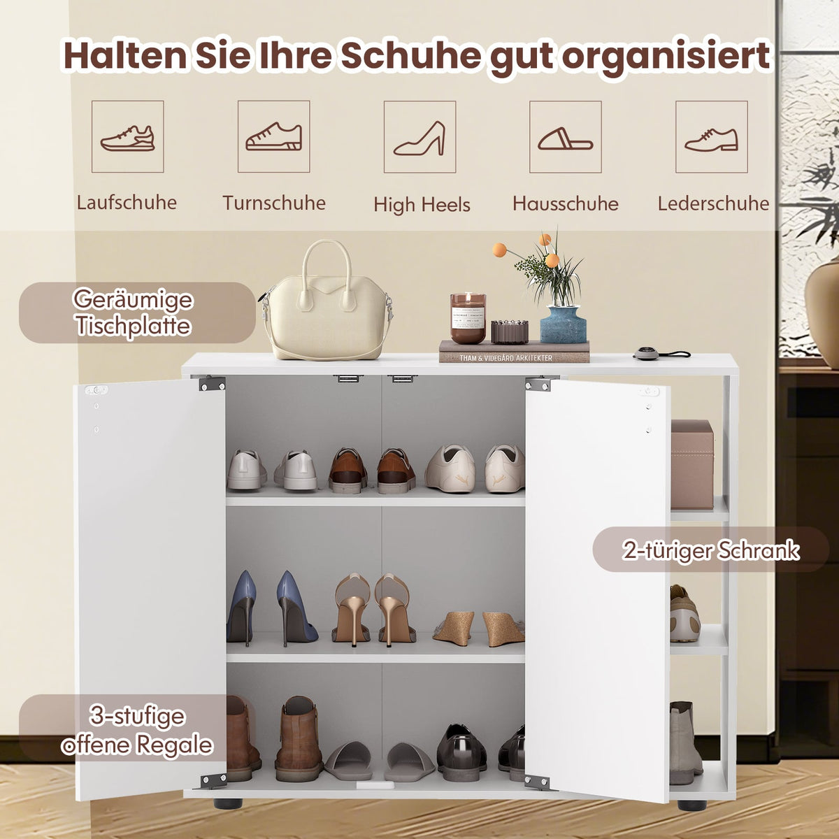 Shoe Cabinet with 2 Doors & Adjustable Shelves, White