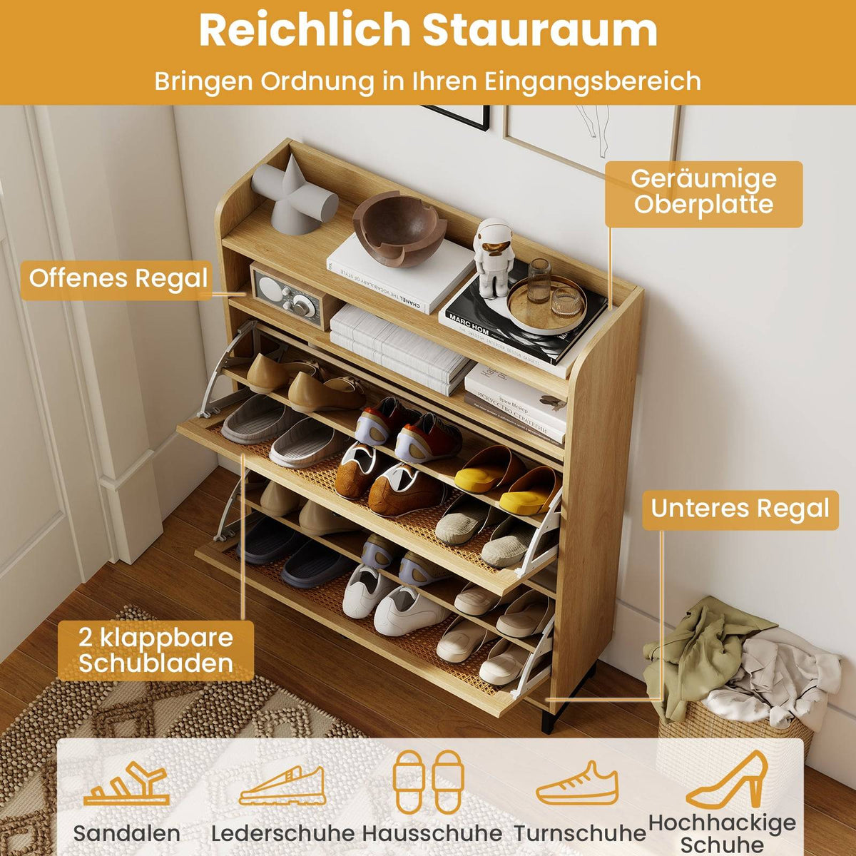Shoe Cabinet with 2 Flip Drawers, Rattan Doors, Metal Legs