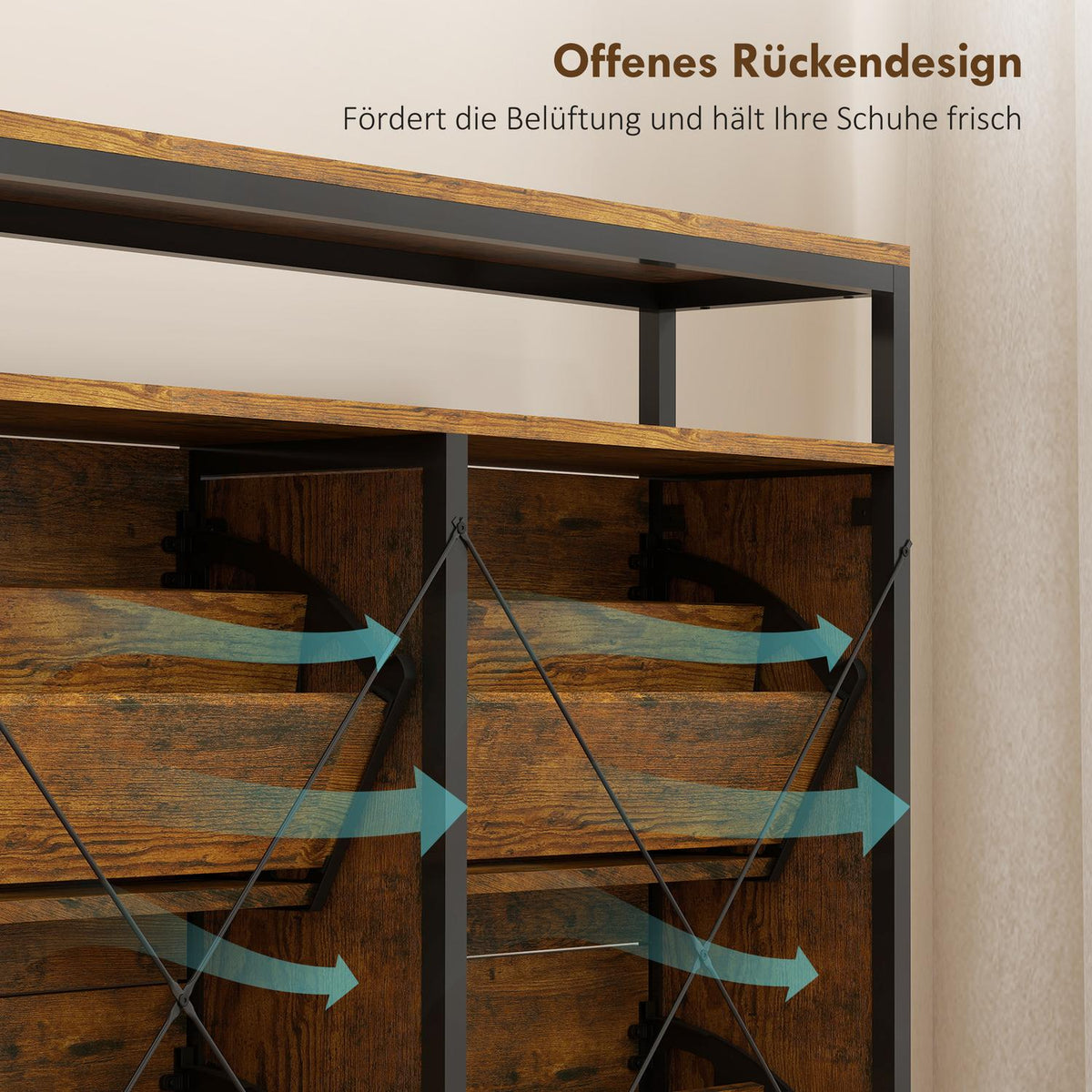 Shoe Cabinet with 4 Flip Drawers, Steel, Brown, Holds 12-20 Pairs