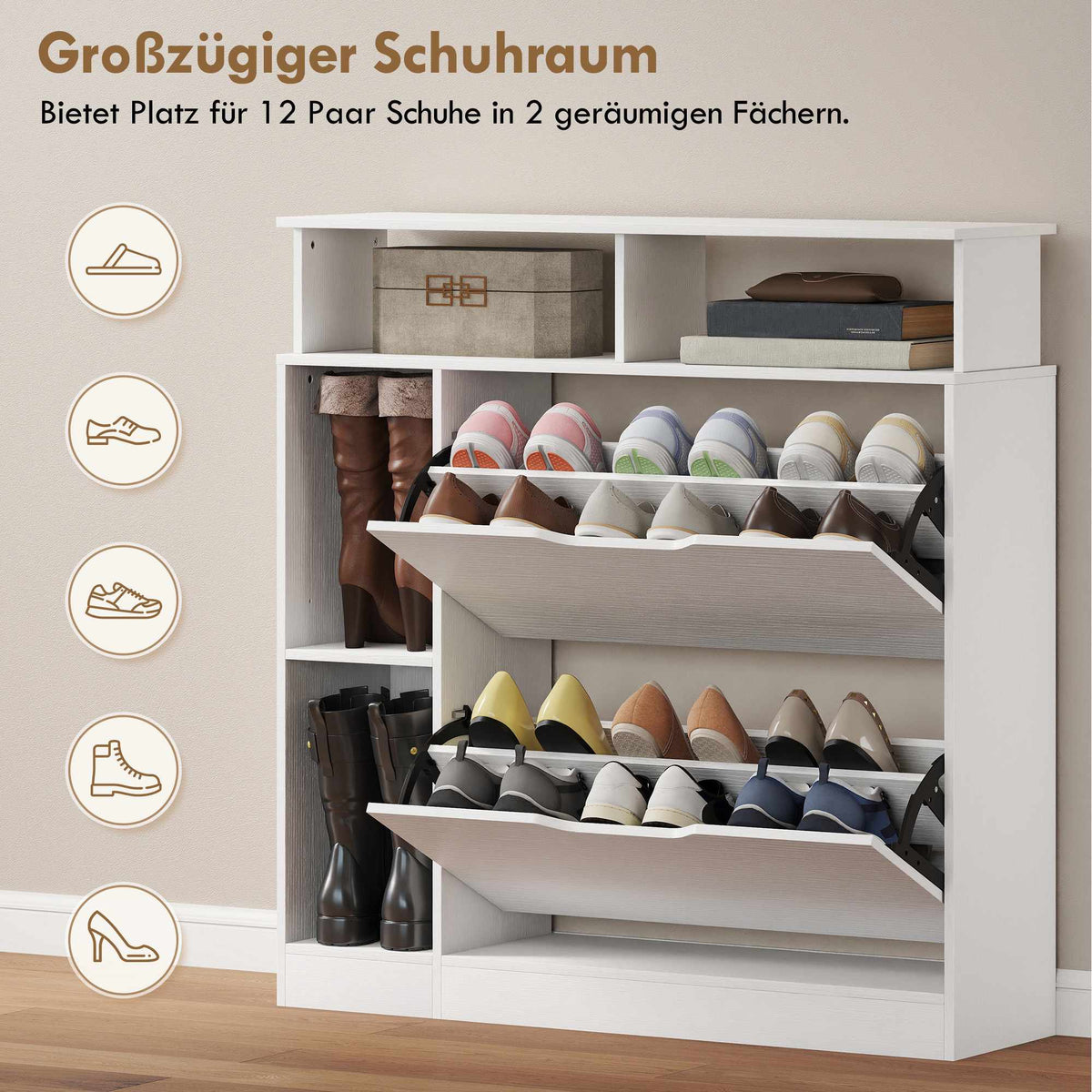 Shoe Cabinet with Adjustable Dividers, 2 Drop-Down Doors, White