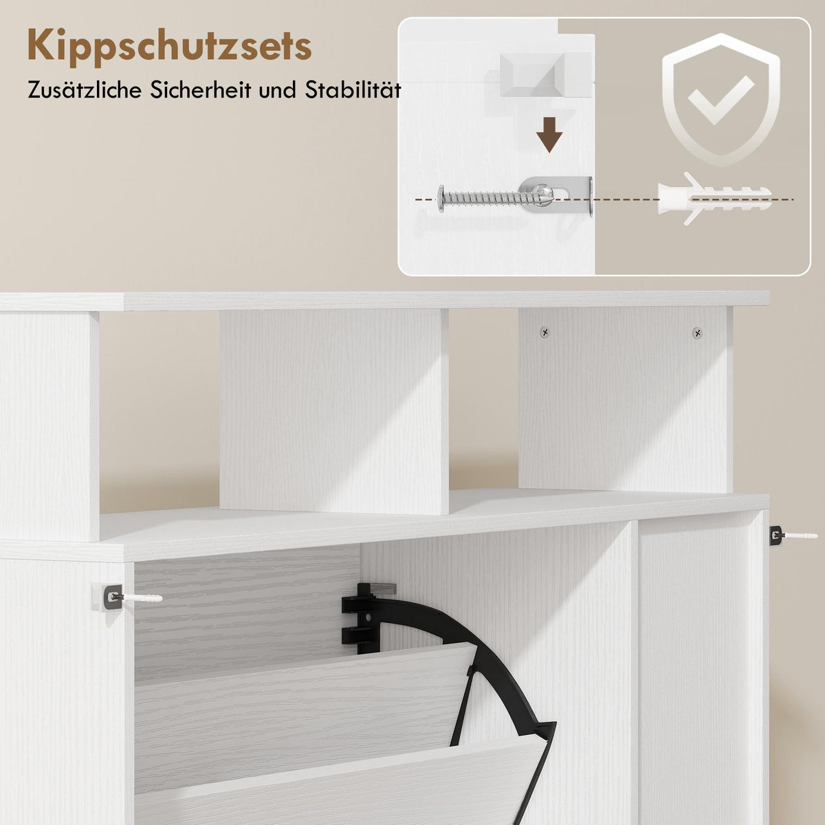 Shoe Cabinet with Adjustable Dividers, 2 Drop-Down Doors, White